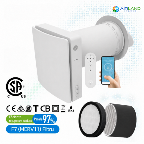 Recuperator de caldura AirLand Single Room cu senzor CO2 si control WiFi, flux de aer reversibil, schimbator ceramic [1]