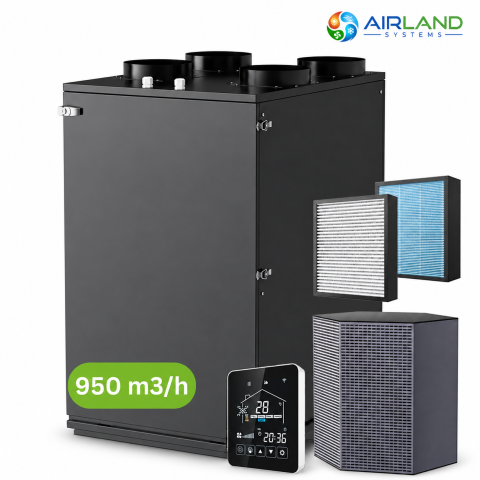 Sisteme de Ventilatie HVAC - Sistem ventilatie HVAC cu recuperare de caldura 5 in 1 AirLand Premium 950 m³/h cu pompa de caldura si DC Inverter, ventilatie, incalzire si racire