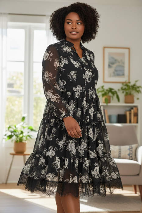 Rochie lungă, elegantă, cu imprimeu floral alb pe fond negru [5]