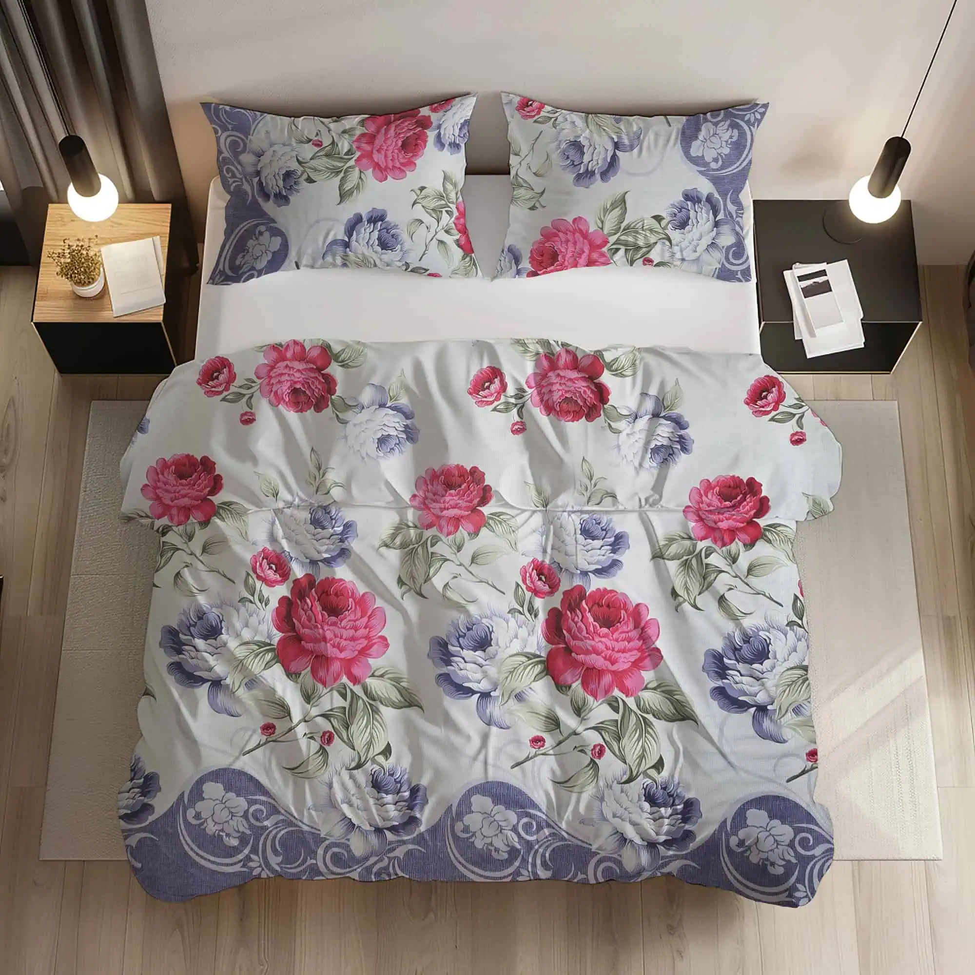 Set Lenjerie Pat Bumbac Standard Imprimeu Frunze Tropicale Roz Somon Fermoar [1]