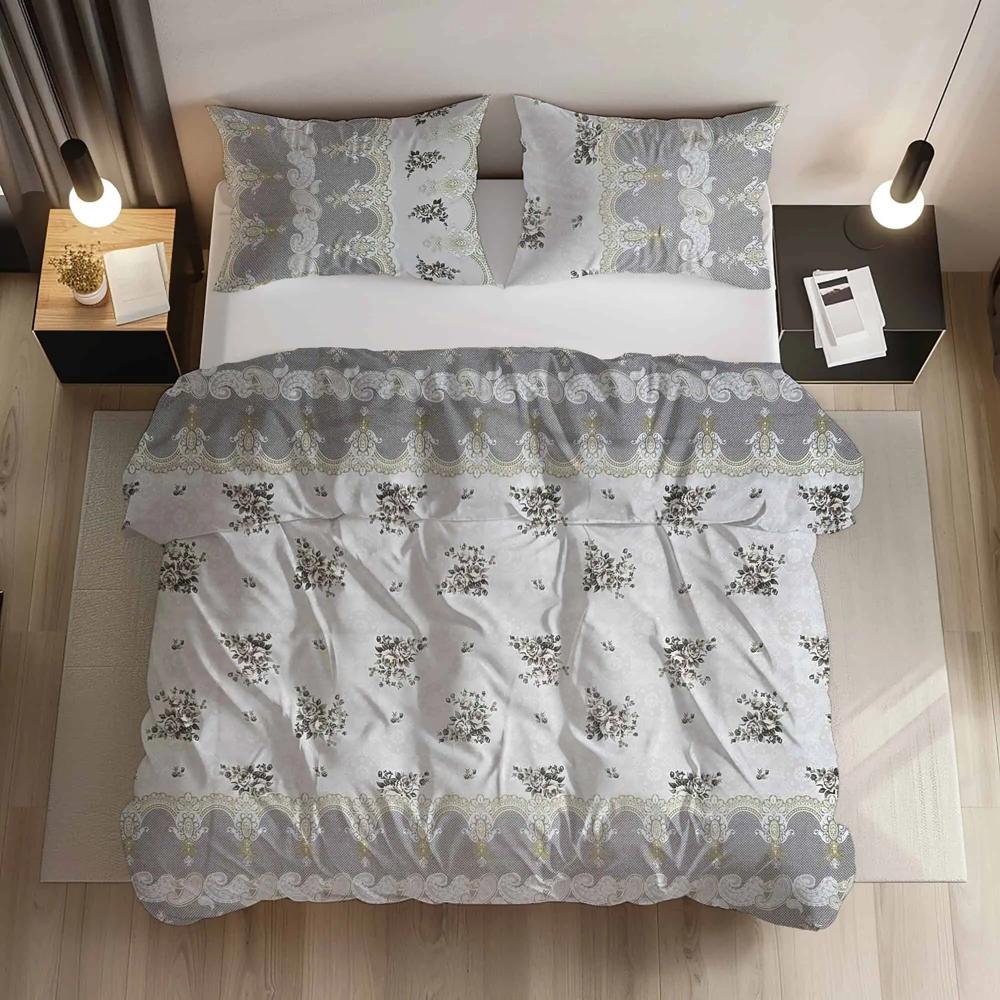 Set Lenjerie Pat Bumbac Standard Model Clasic Floral Gri Alb Fermoar [1]