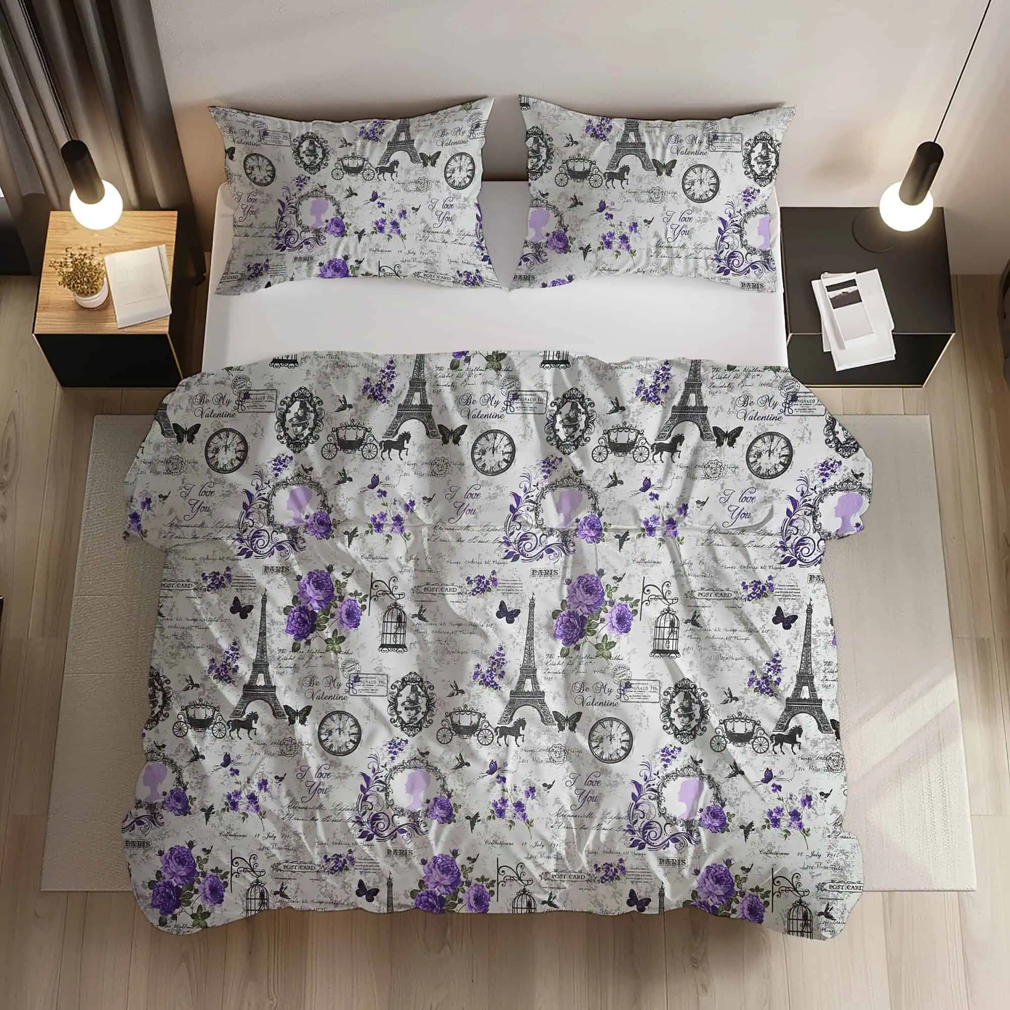 Set Lenjerie Pat Bumbac Standard Paris Romantic Turn Eiffel Violet Fermoar [1]