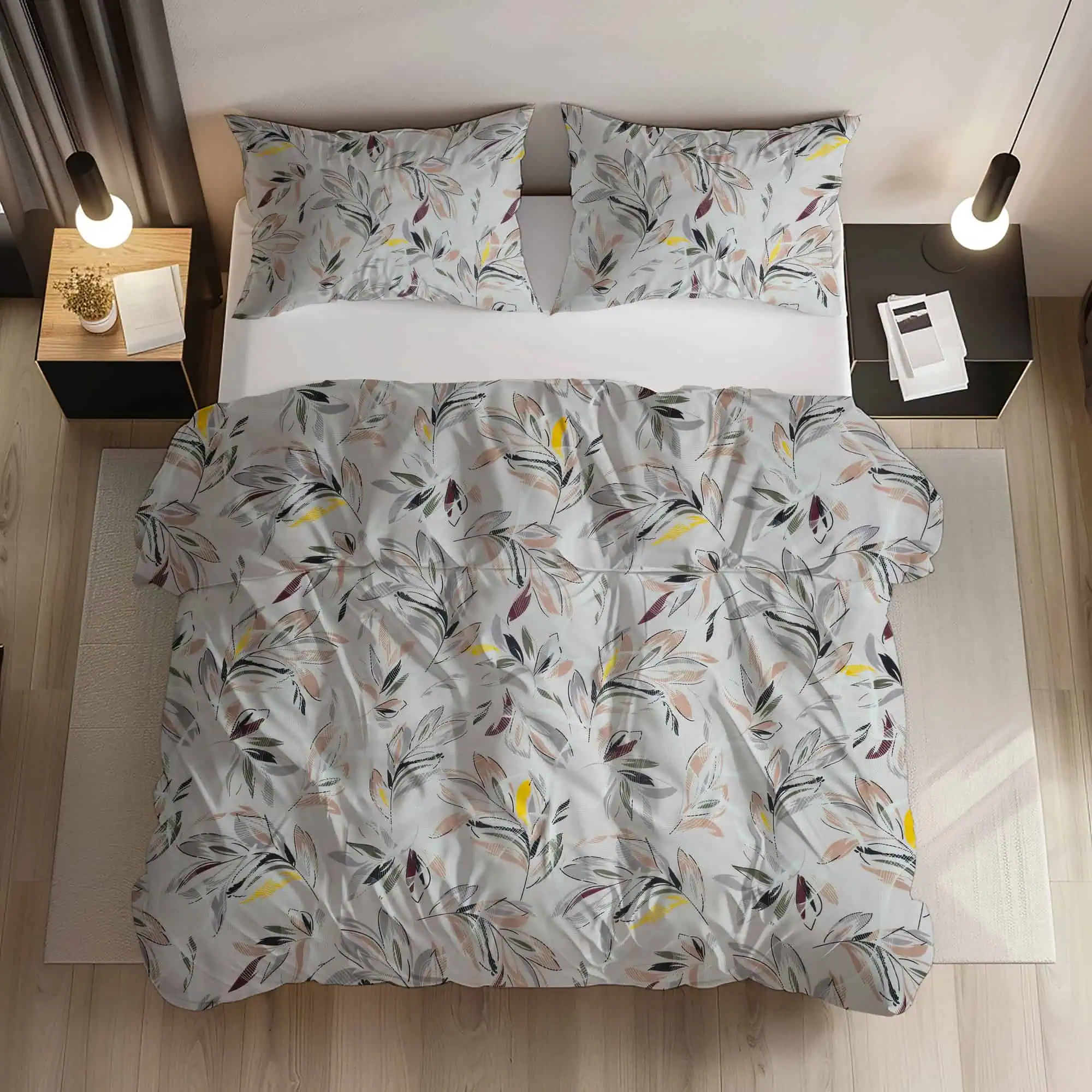 Lenjerie pat bumbac model Artistic Leaves bej galben vedere ansamblu [1]