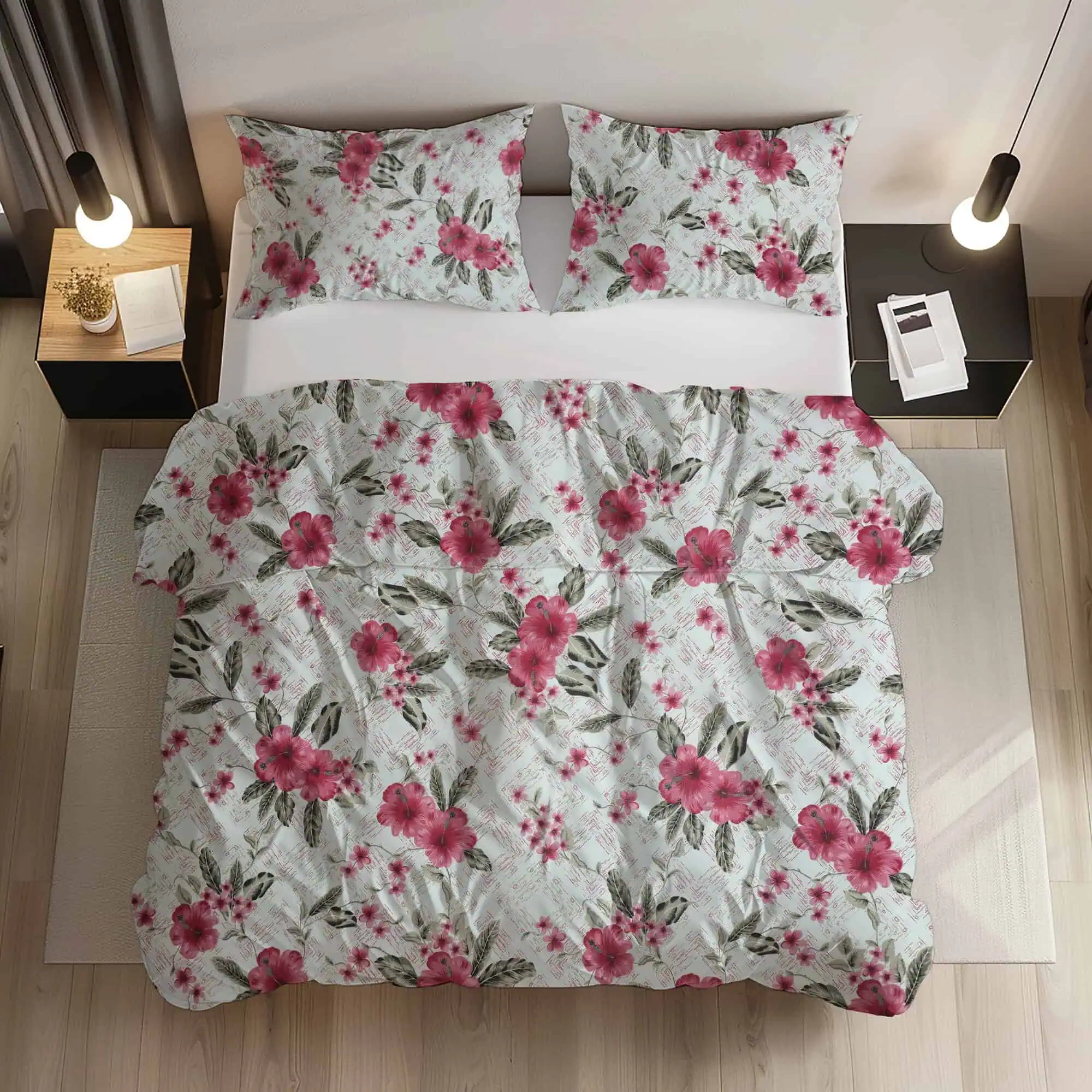 Lenjerie pat bumbac model Tropical Hibiscus bleu roz vedere ansamblu [1]