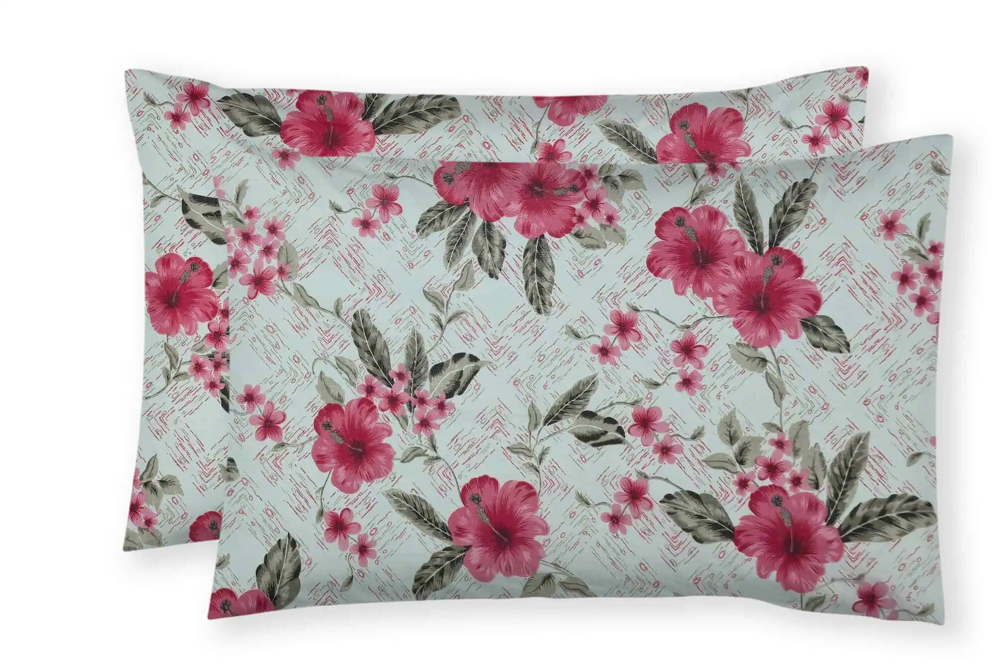 Lenjerie pat bumbac model Tropical Hibiscus bleu roz vedere ansamblu [2]