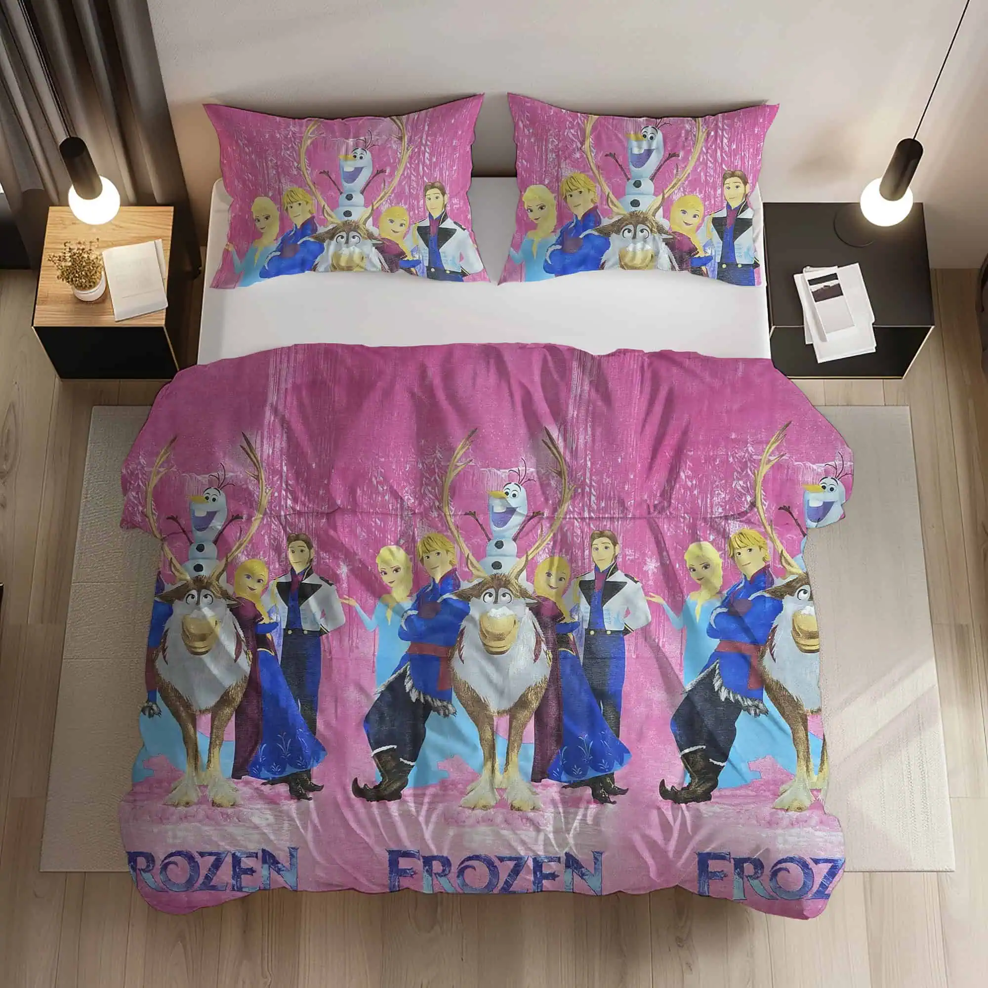 Set Lenjerie de Pat Disney Frozen Bumbac Standard cu Fermoar - Imprimeu Personaje Elsa Anna [1]