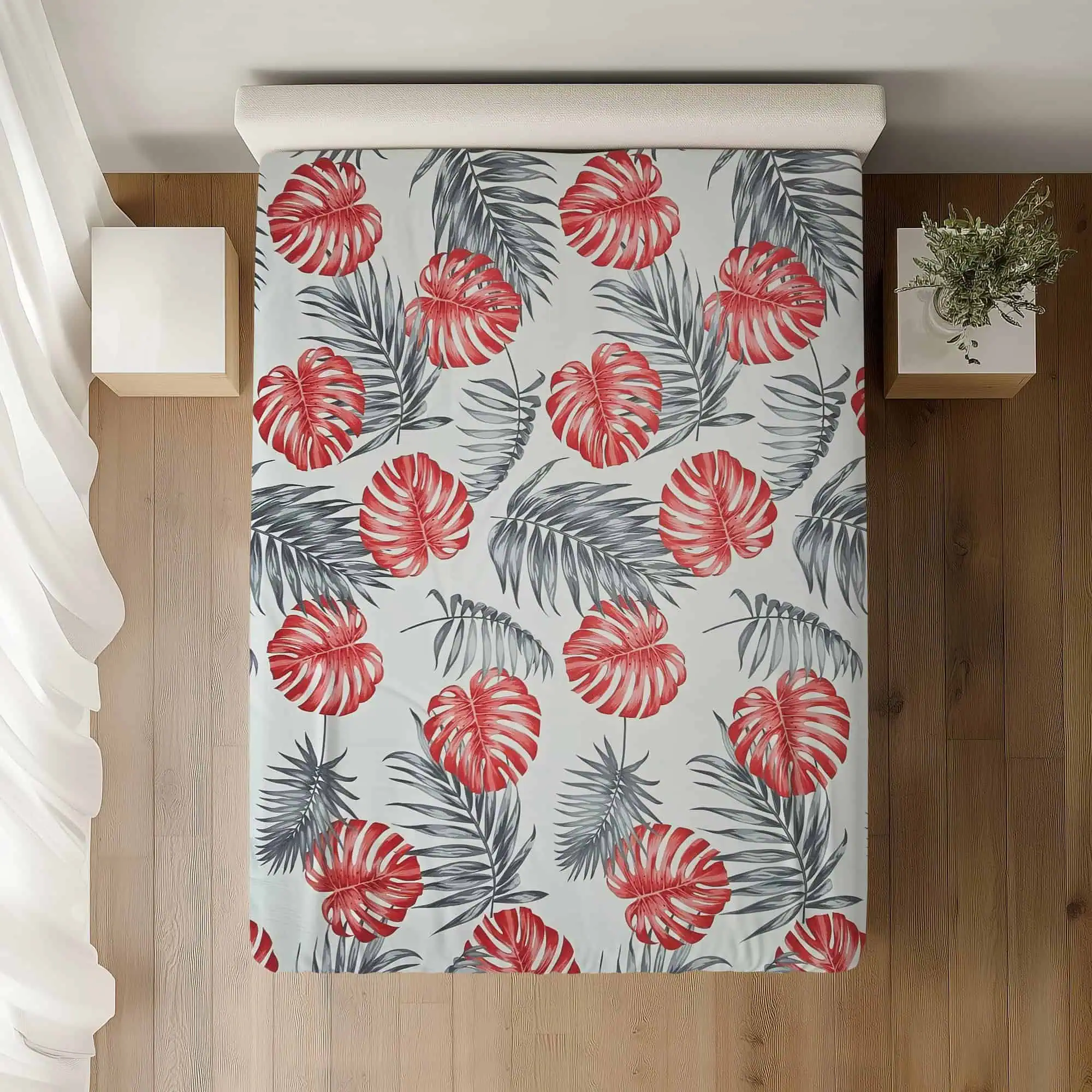 Set lenjerie pat din bumbac ranforce model tropical rosu alb configurabil [3]