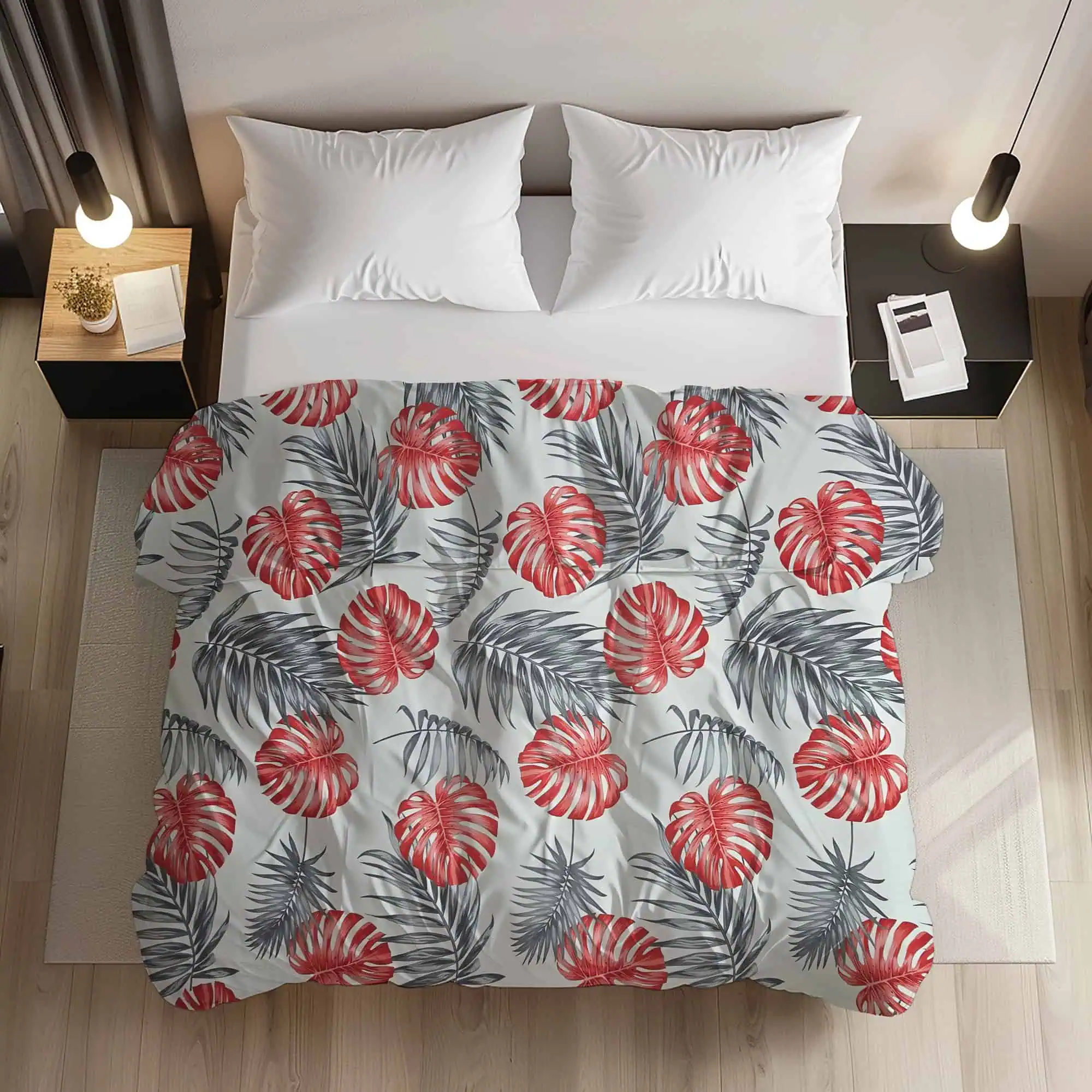 Set lenjerie pat din bumbac ranforce model tropical rosu alb configurabil [2]