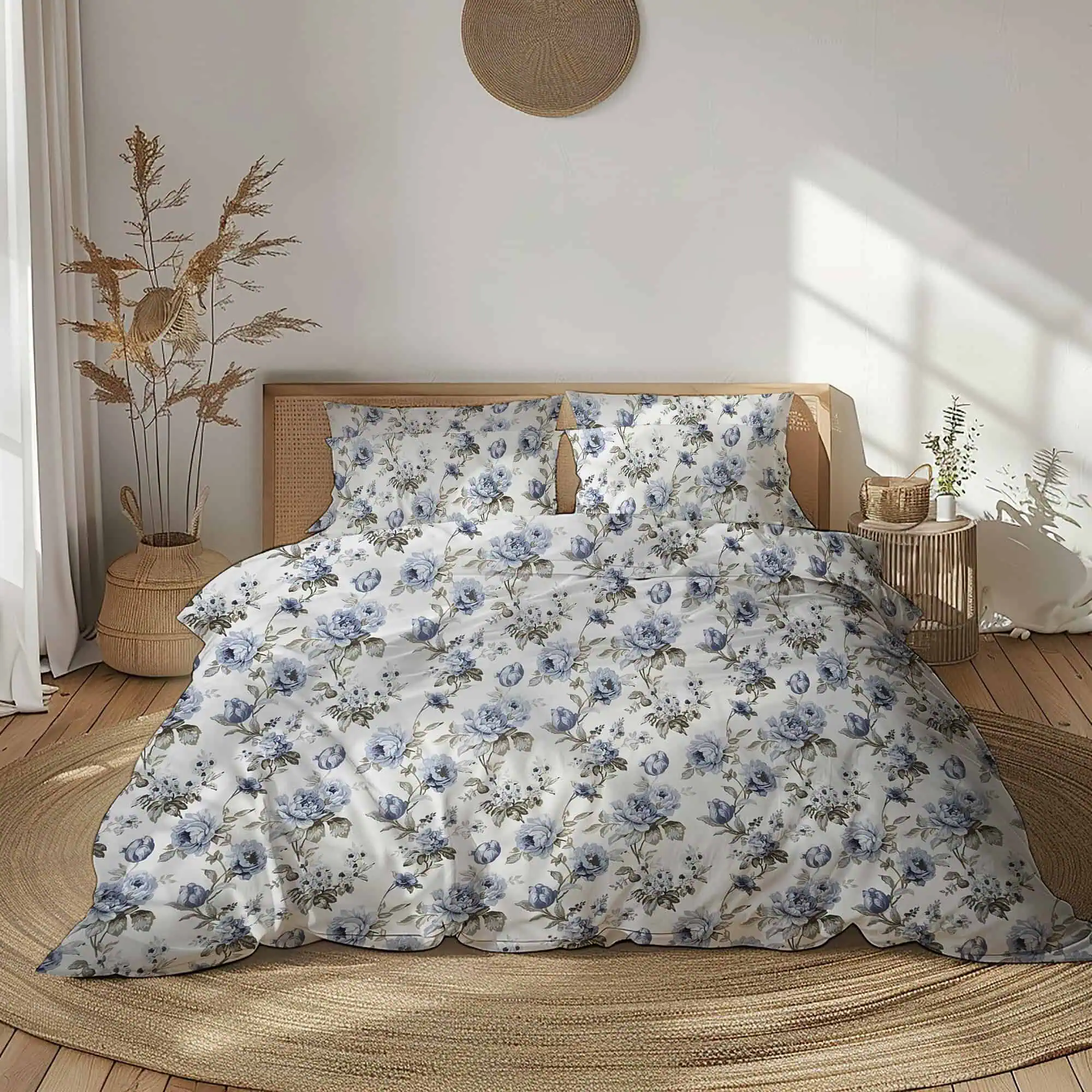 Set lenjerie 100%bumbac ranforce model floral albastru alb [1]