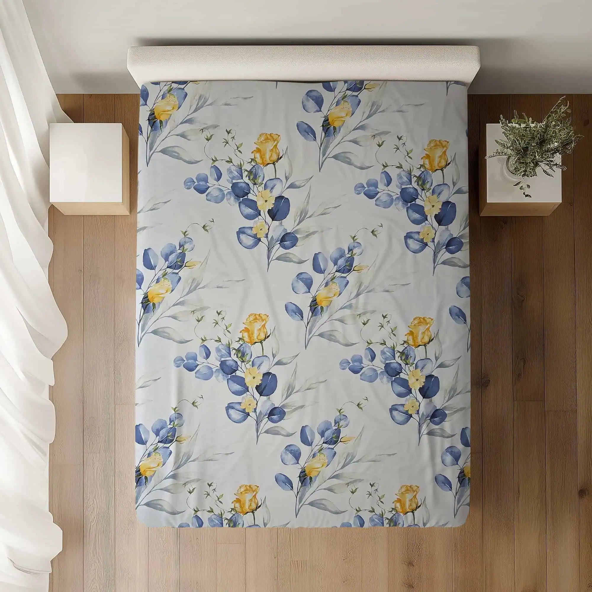 Set lenjerie de pat bumbac ranforce model floral galben si albastru pe alb [3]