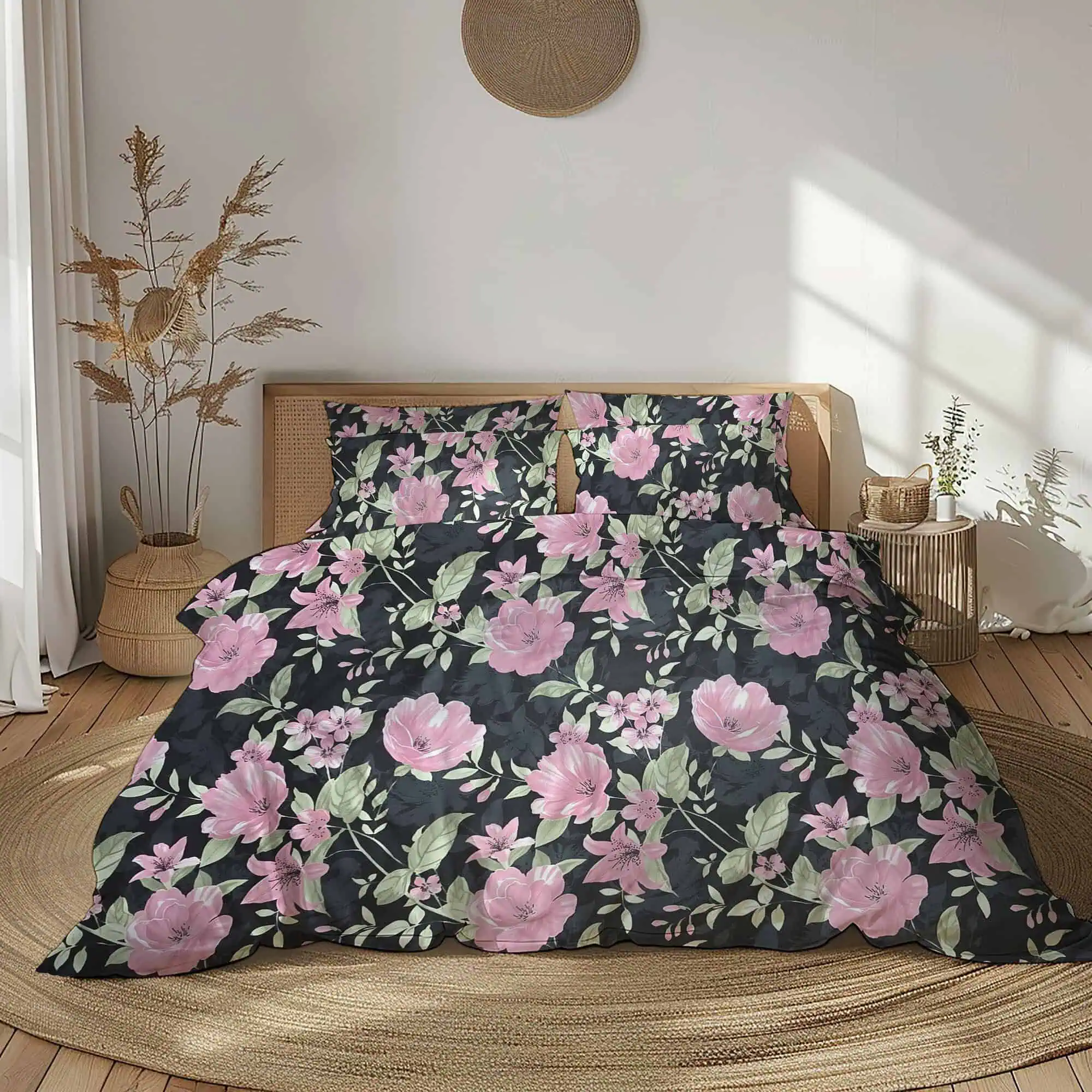 set lenjerie bumbac ranforce floral roz negru configurabil [1]