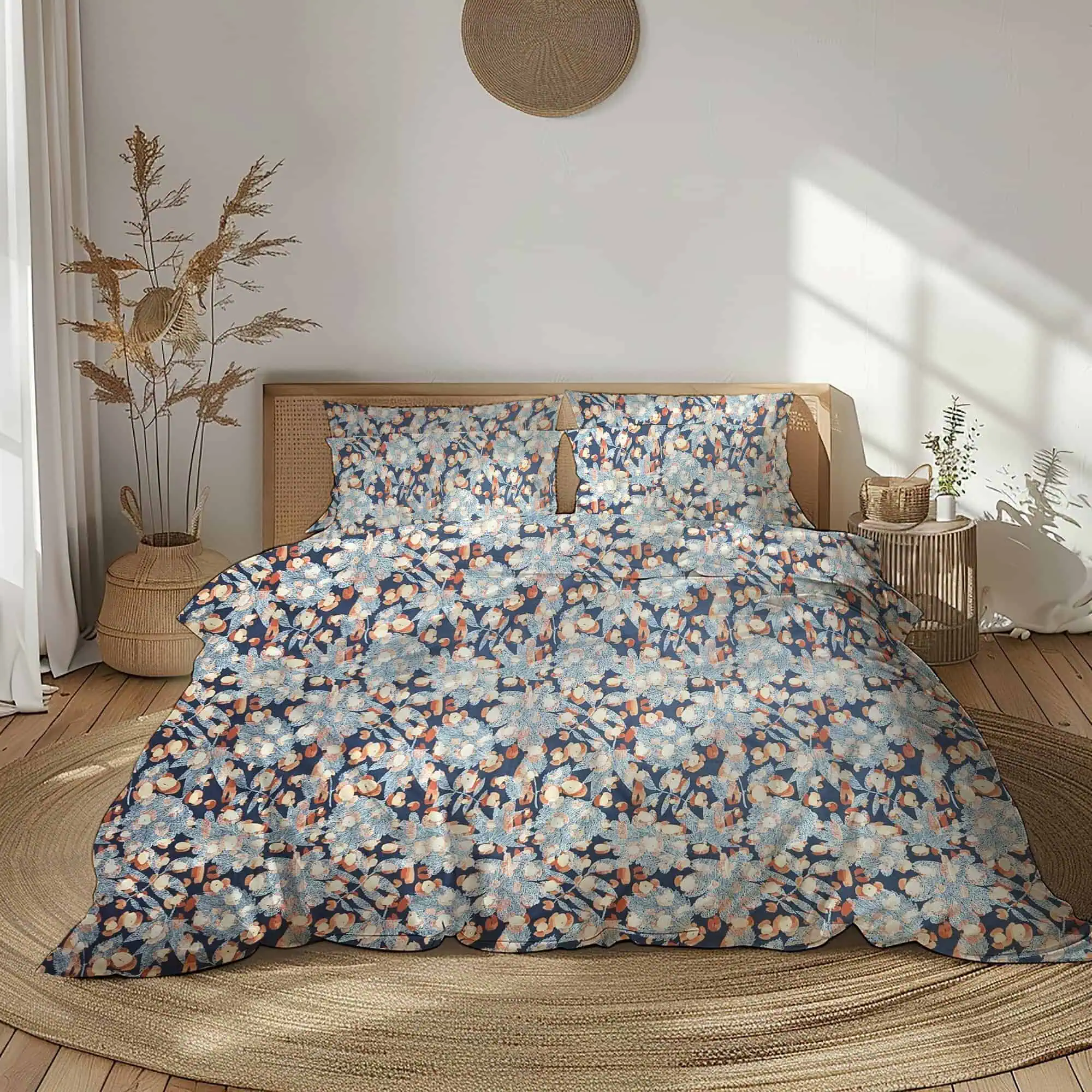 set lenjerie bumbac ranforce model flori multicolor pe fundal bleumarin [1]