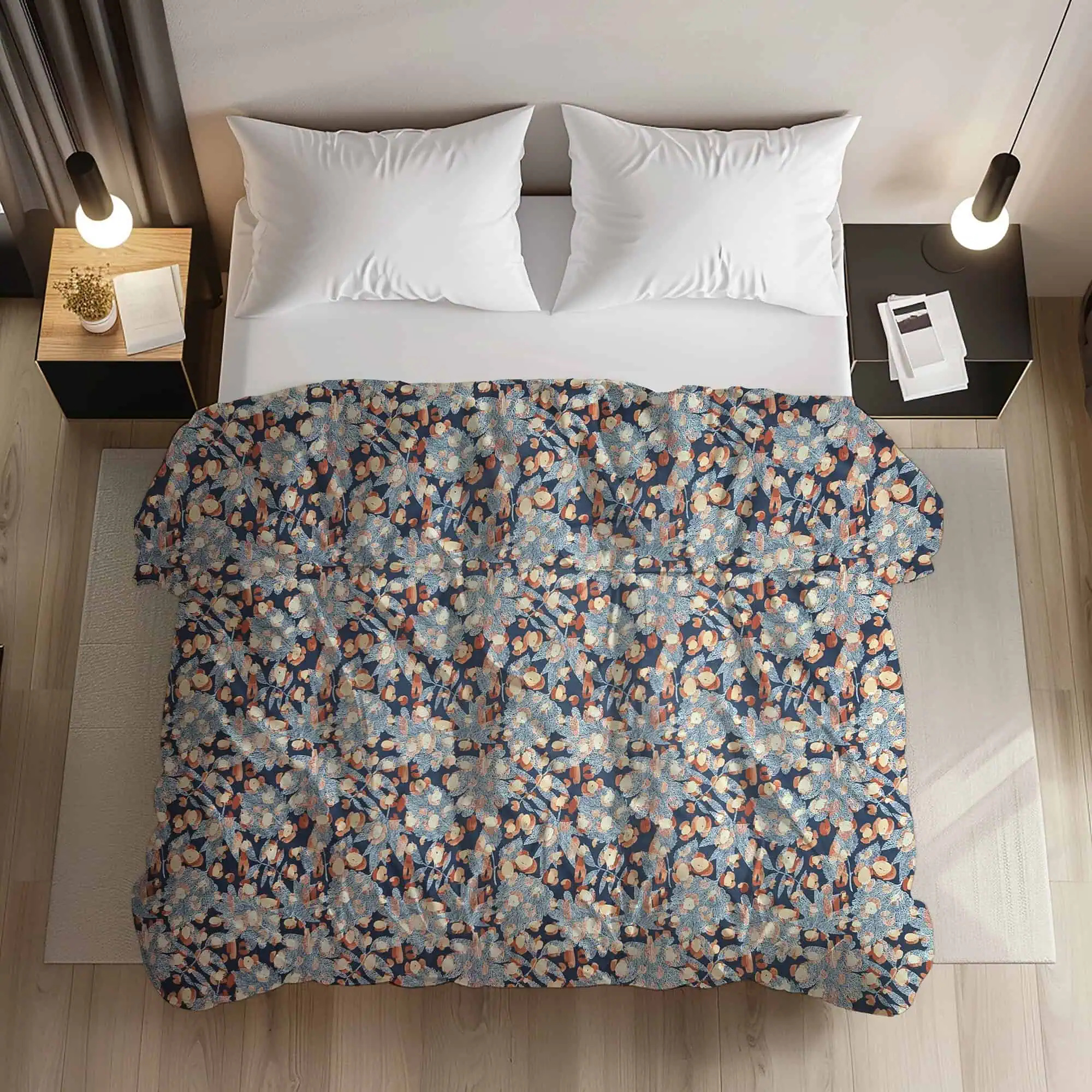 set lenjerie bumbac ranforce model flori multicolor pe fundal bleumarin [2]