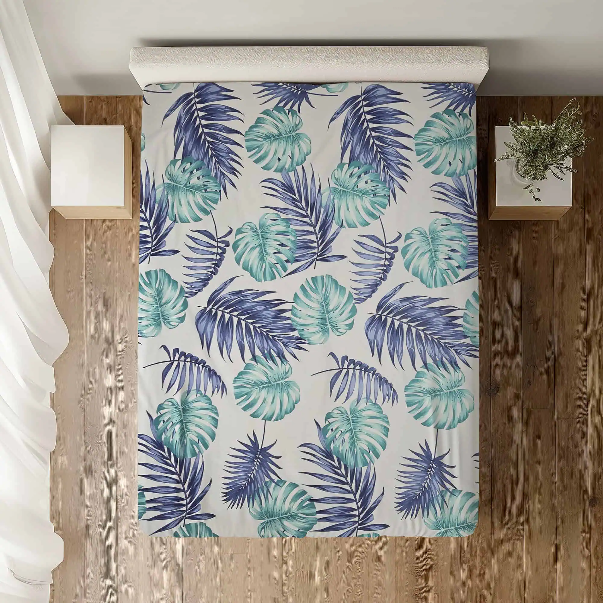 Set lenjerie din 100%bumbac ranforce model tropical albastru si verde [3]