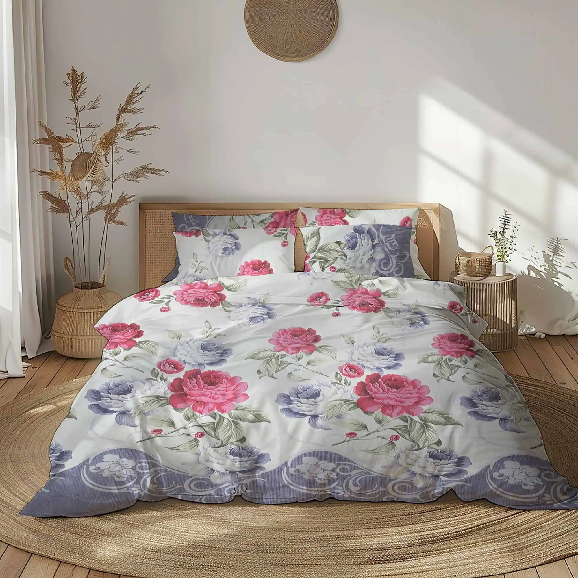 Set lenjerie bumbac standard model floral roz mov personalizabil [1]
