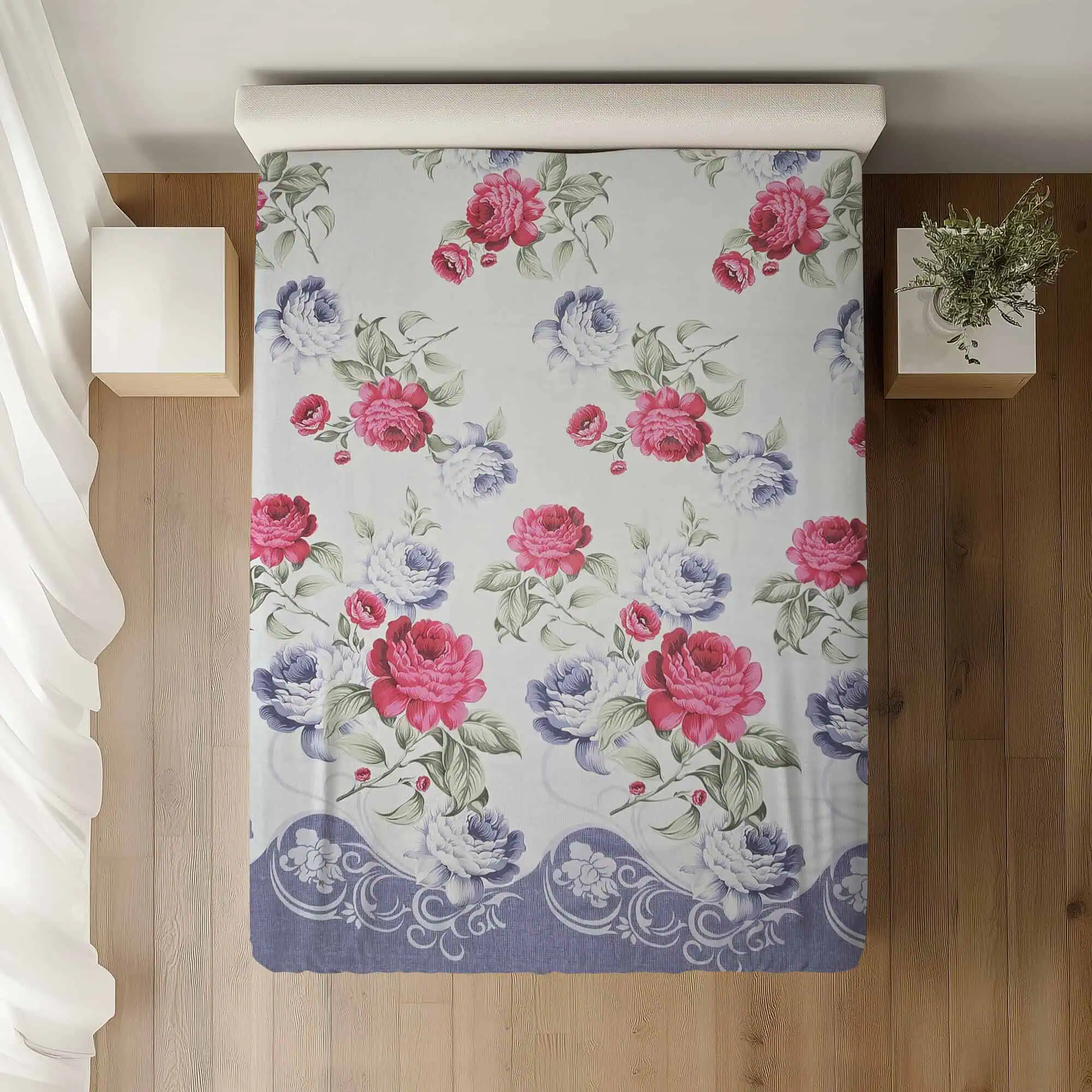 Set lenjerie bumbac standard model floral roz mov personalizabil [3]