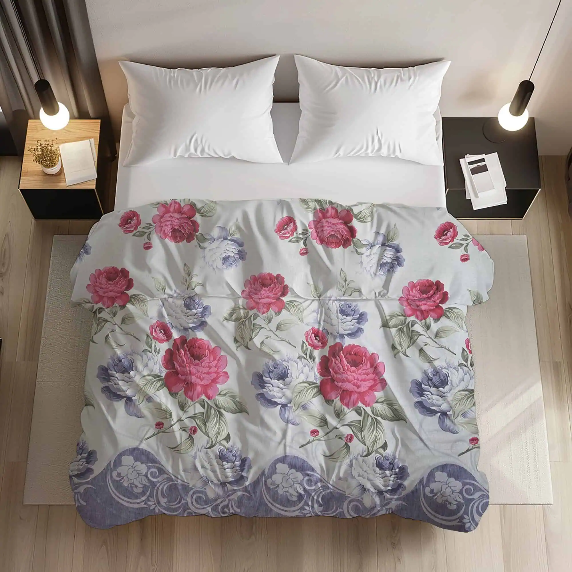 Set lenjerie bumbac standard model floral roz mov personalizabil [2]