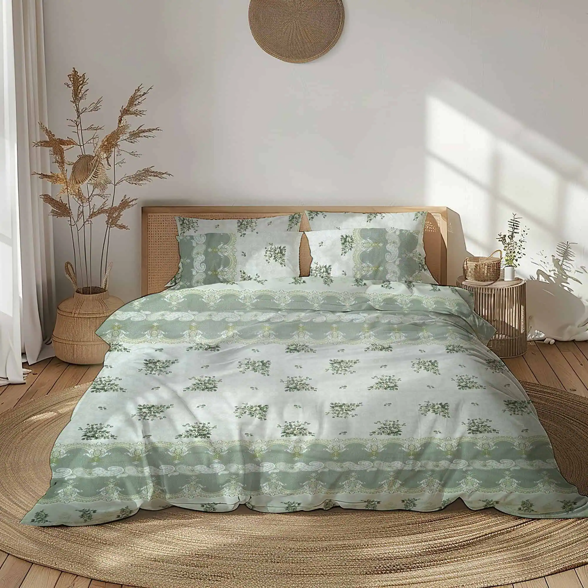 Set lenjerie bumbac standard model floral verde gri configurabila [1]