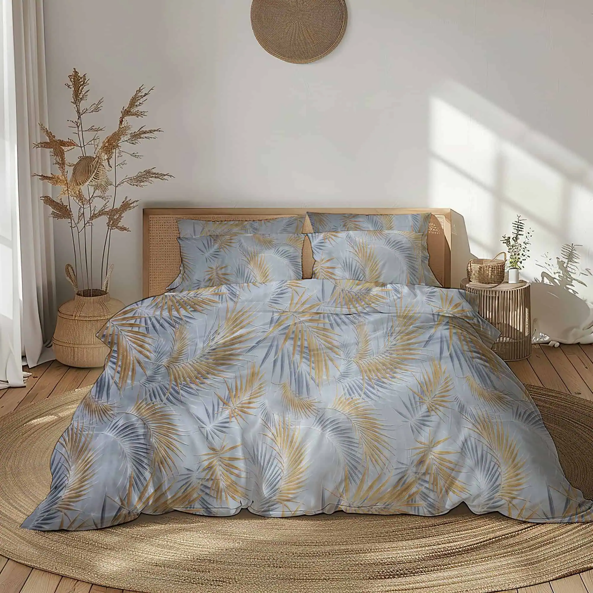 Set Lenjerii de Pat - Lenjerie-Pat-Bumbac-Standard-Tropical-Palmier-Bleu-Auriu-Configurabil