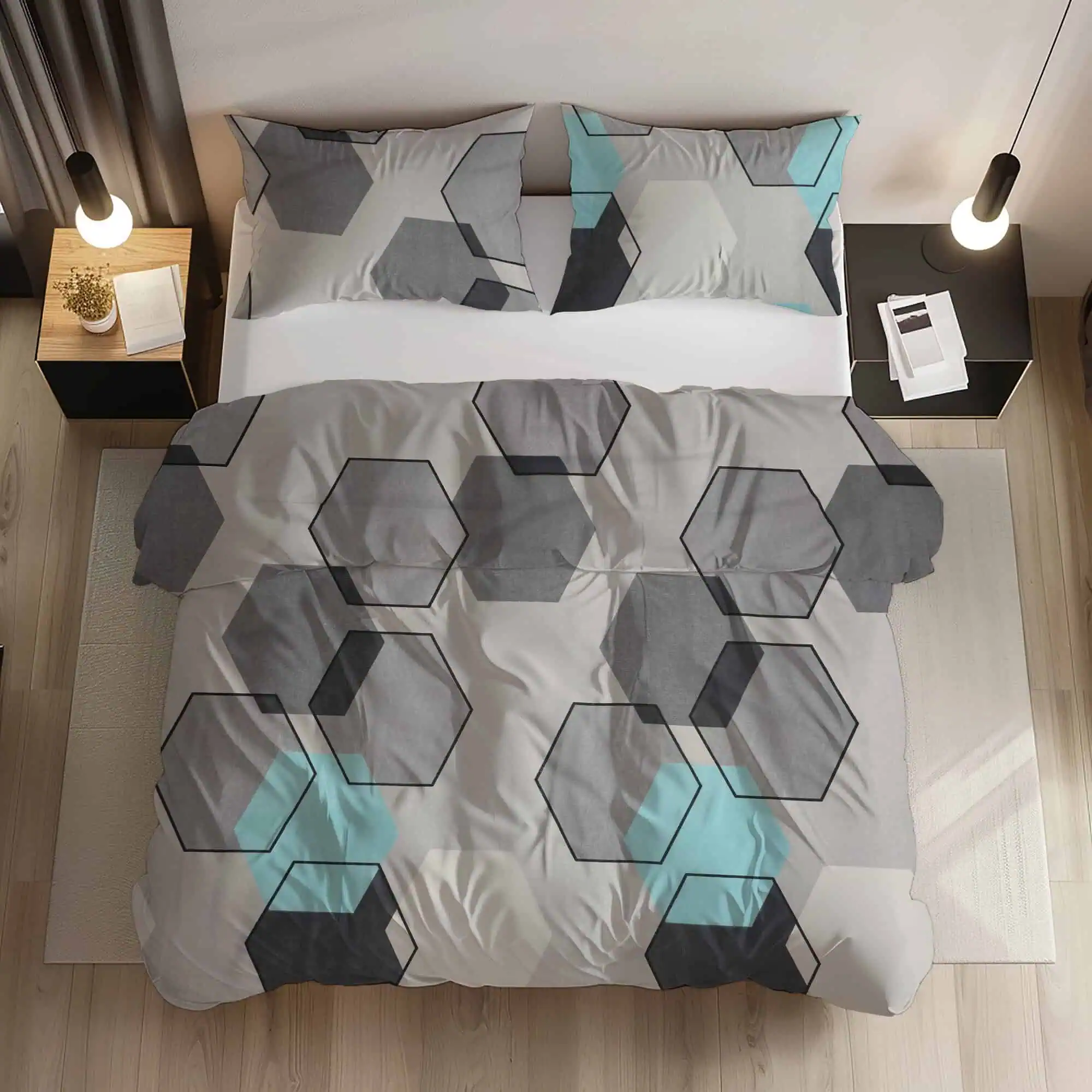 Set Lenjerii de Pat - Lenjerie pat bumbac configurabila model Hexagon Modern gri turcoaz vedere ansamblu