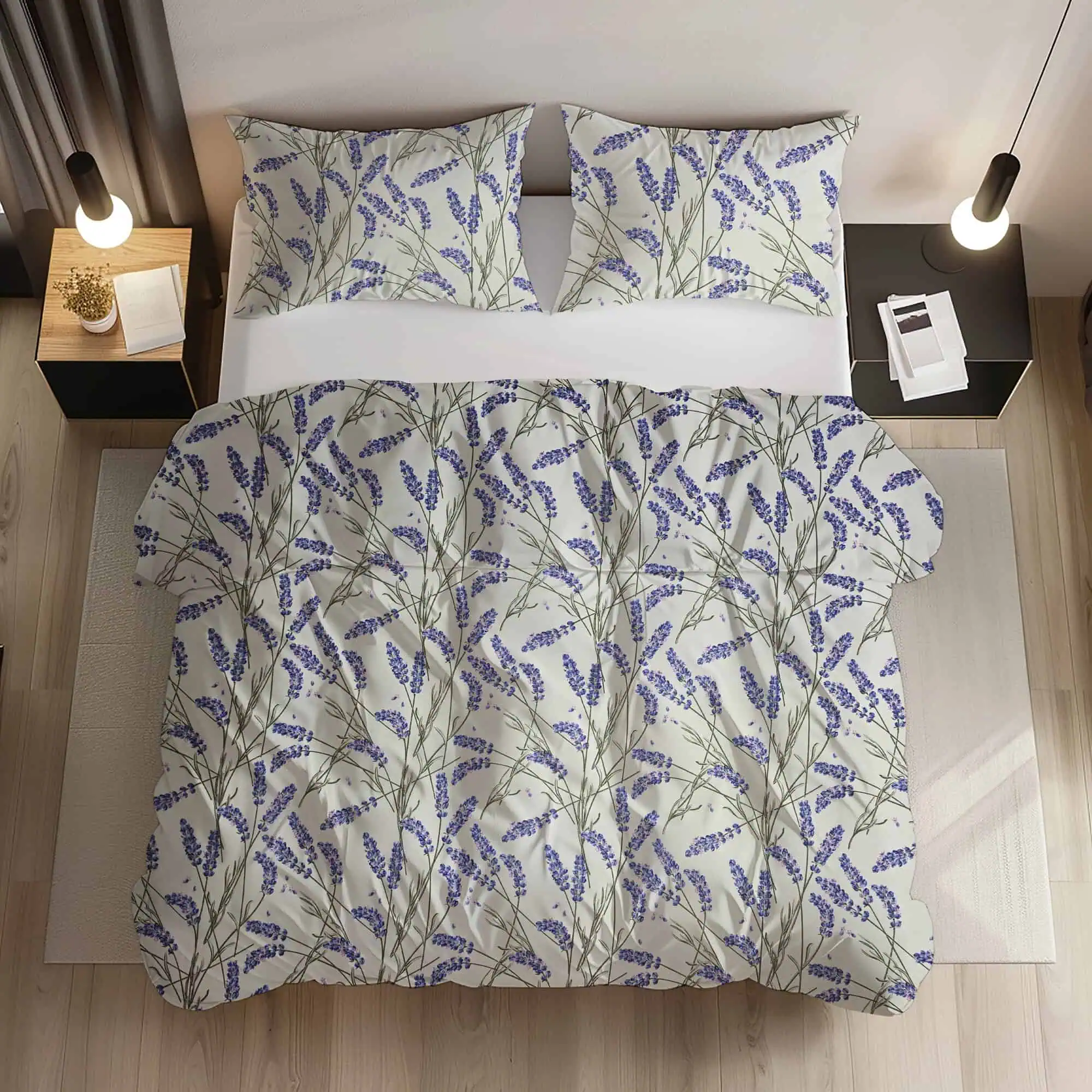 Set Lenjerii de Pat - Lenjerie pat bumbac model Lavanda Provence alb violet vedere ansamblu