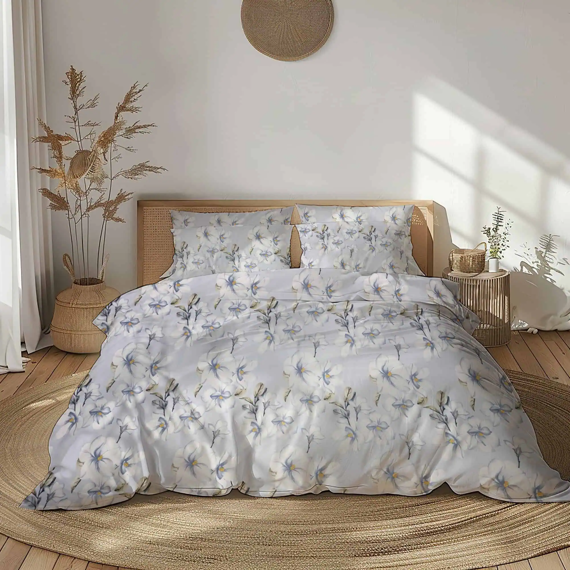 Set Lenjerii de Pat - Lenjerie-de-pat-Ranforce-Bumbac-100-Magnolie-Bleu-Gri-SABAEV-LUX-NATURAL