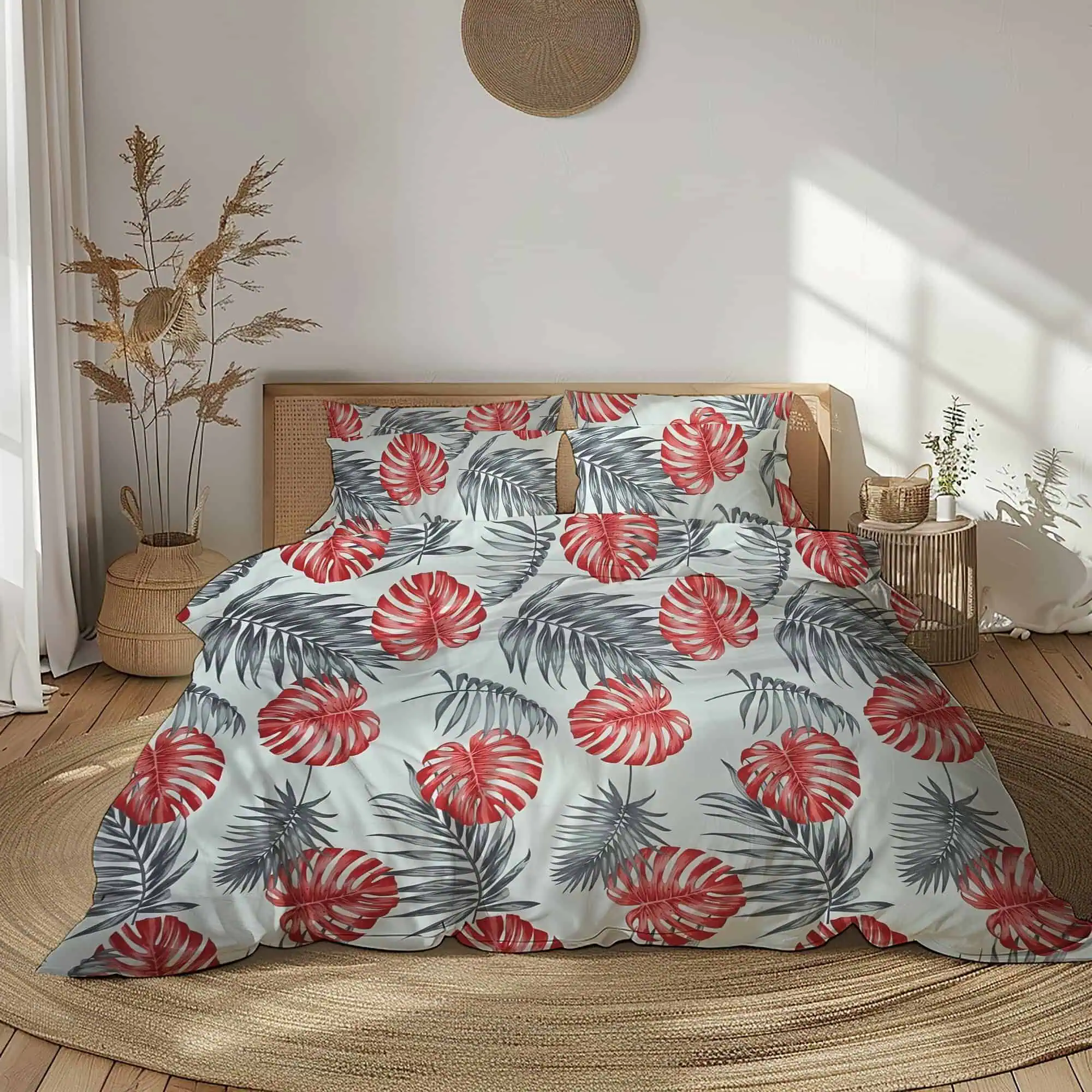 Set lenjerie pat din bumbac ranforce model tropical rosu alb configurabil [0]