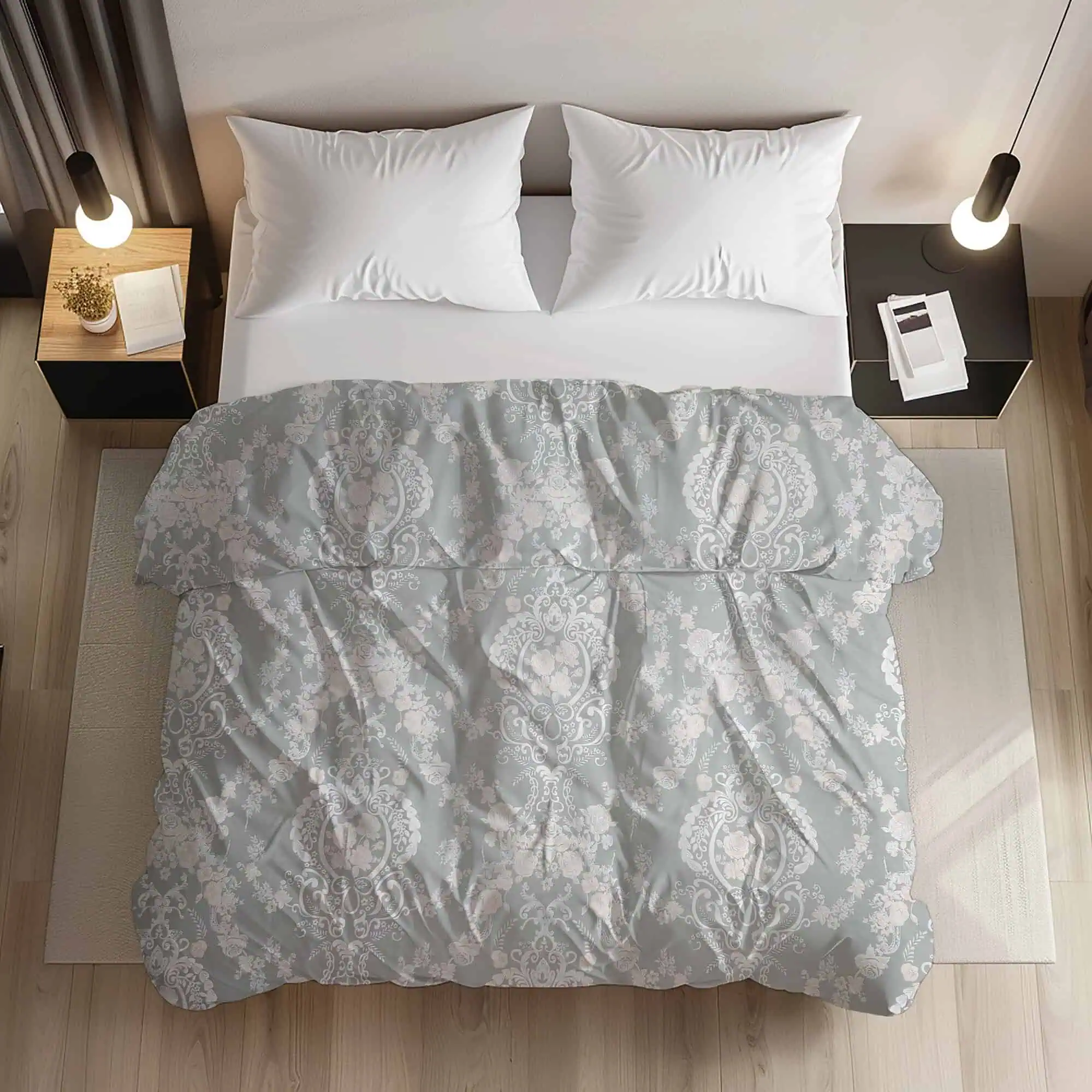 Set lenjeri bumbac ranforce model damasc gri si alb [1]