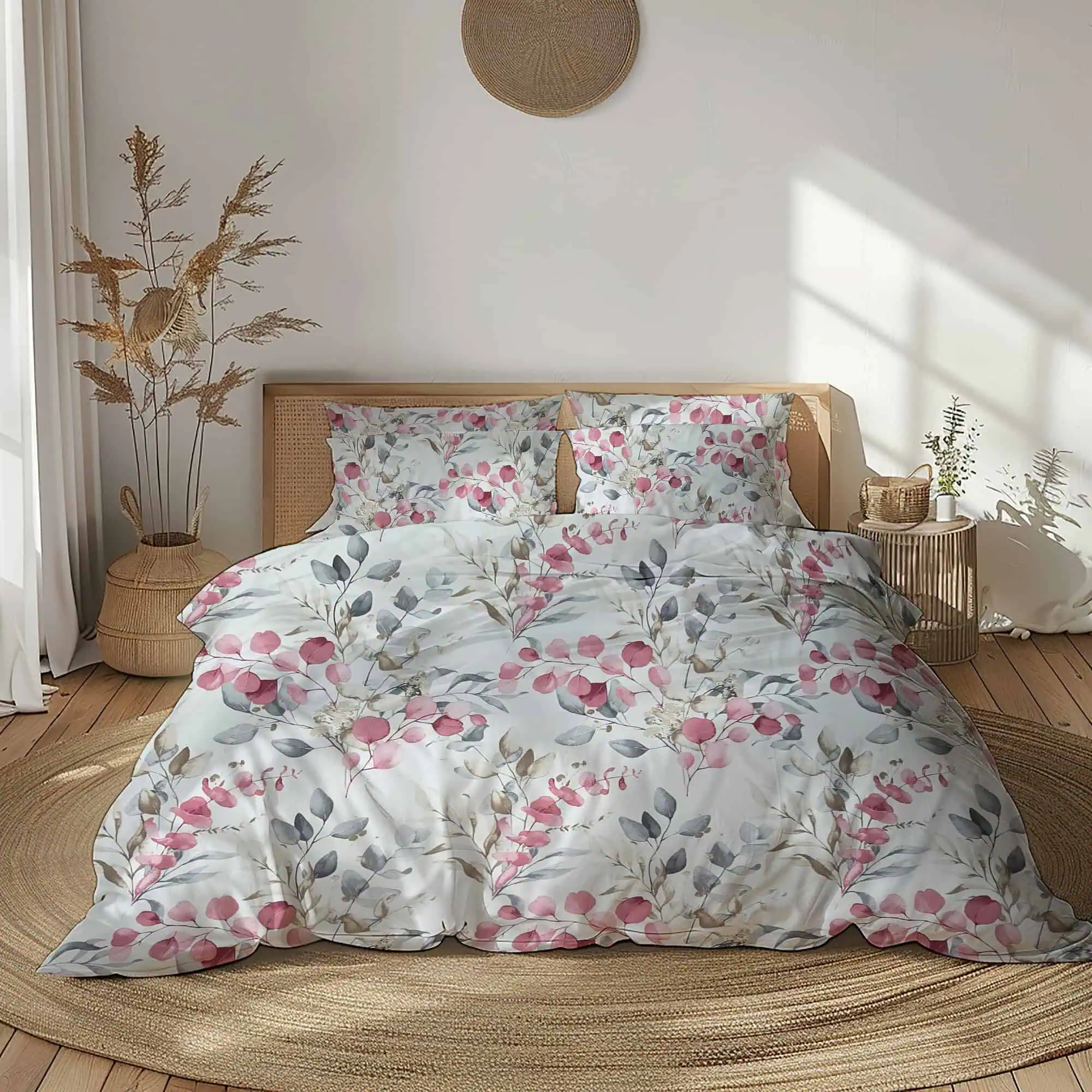 Set Lenjerii de Pat - Set lenjerie de pat bumbac ranforce model floral roz gri  cu aspect de acuarela