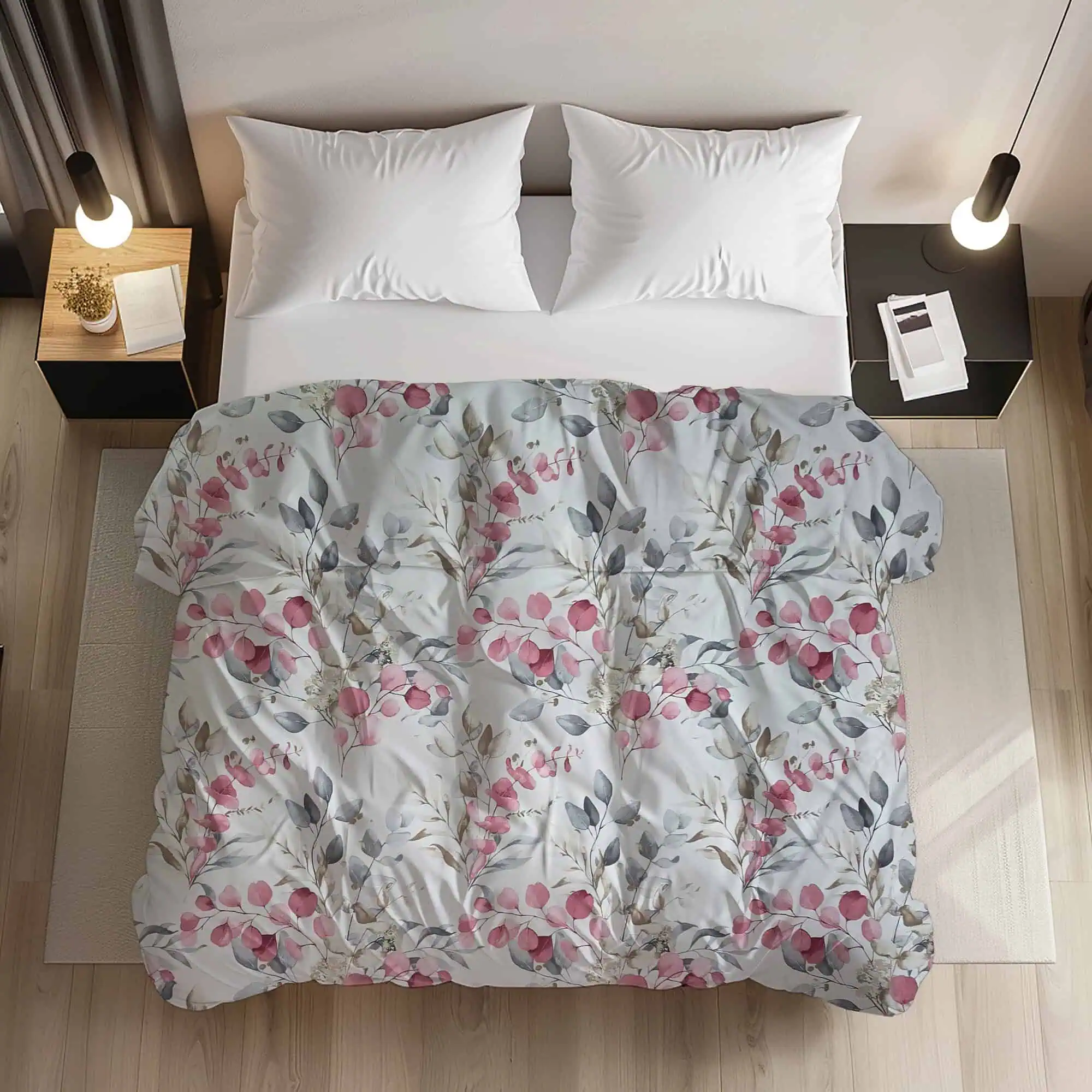 Set lenjerie de pat bumbac ranforce model floral roz gri  cu aspect de acuarela [1]