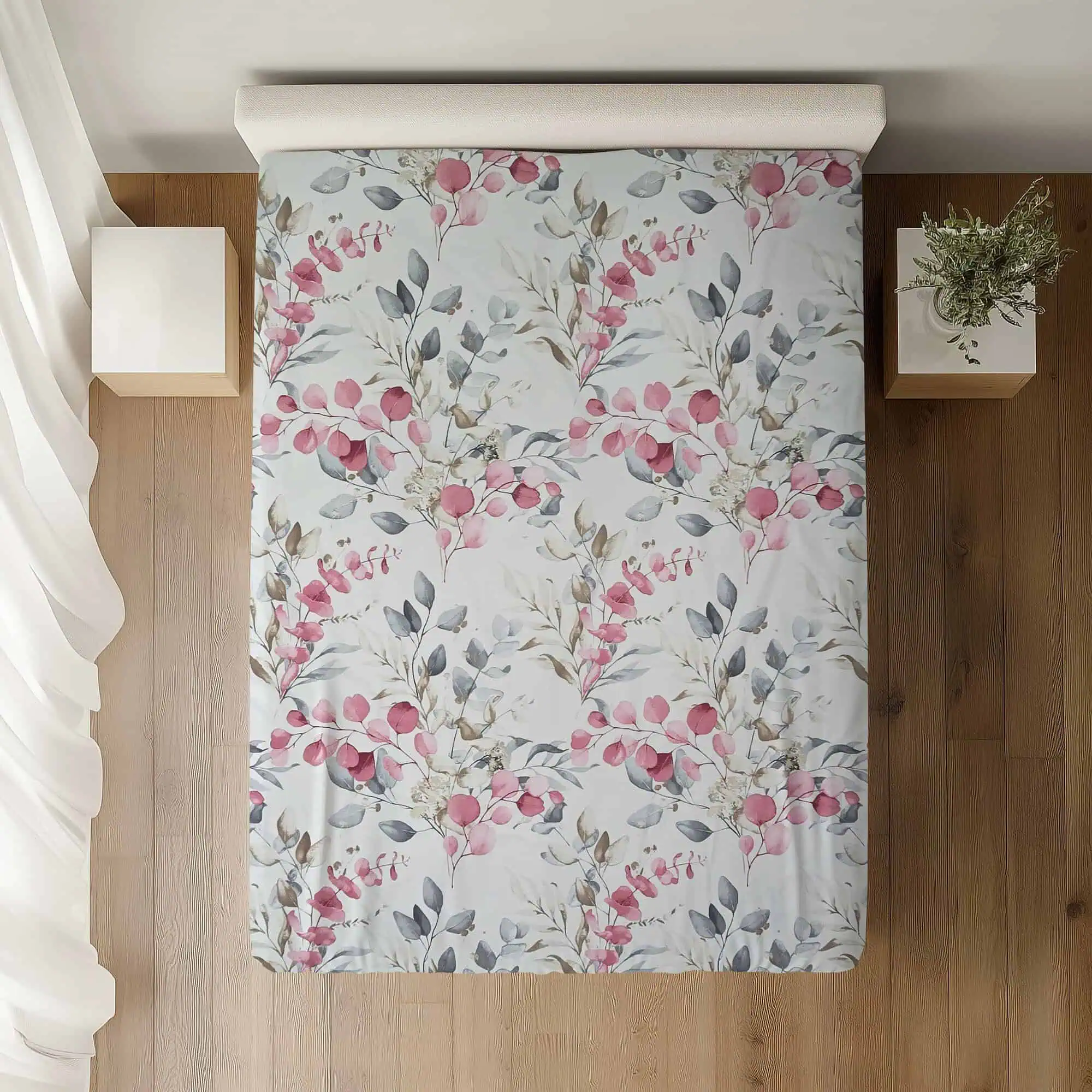 Set lenjerie de pat bumbac ranforce model floral roz gri  cu aspect de acuarela [2]