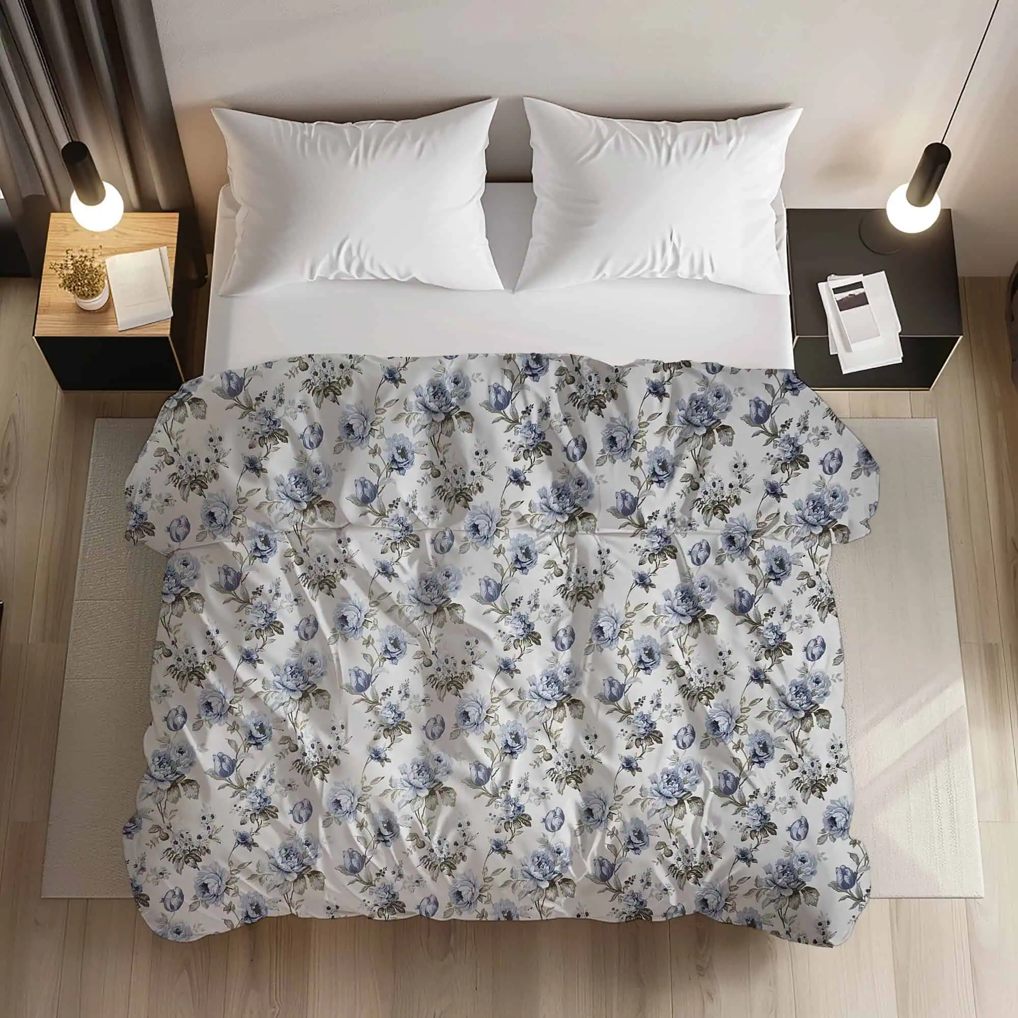 Set lenjerie 100%bumbac ranforce model floral albastru alb [1]