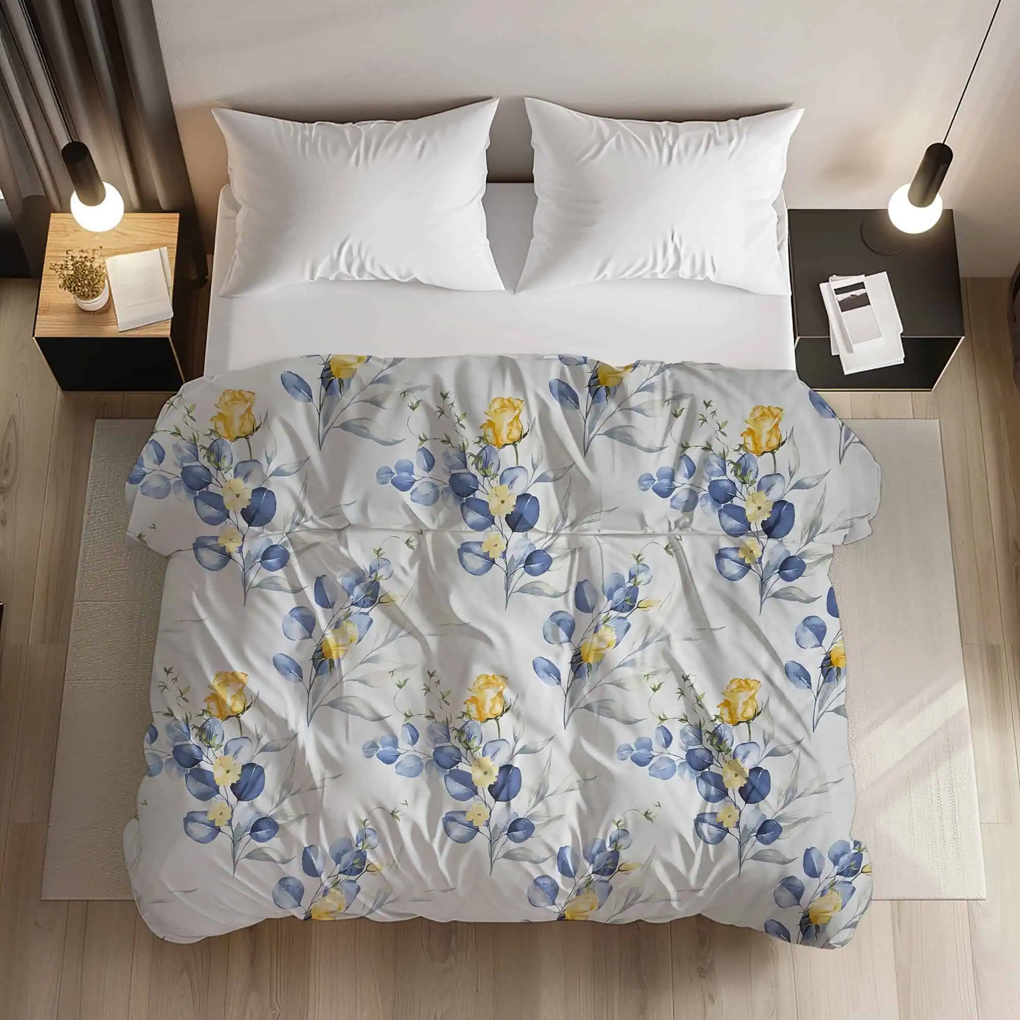 Set lenjerie de pat bumbac ranforce model floral galben si albastru pe alb [1]