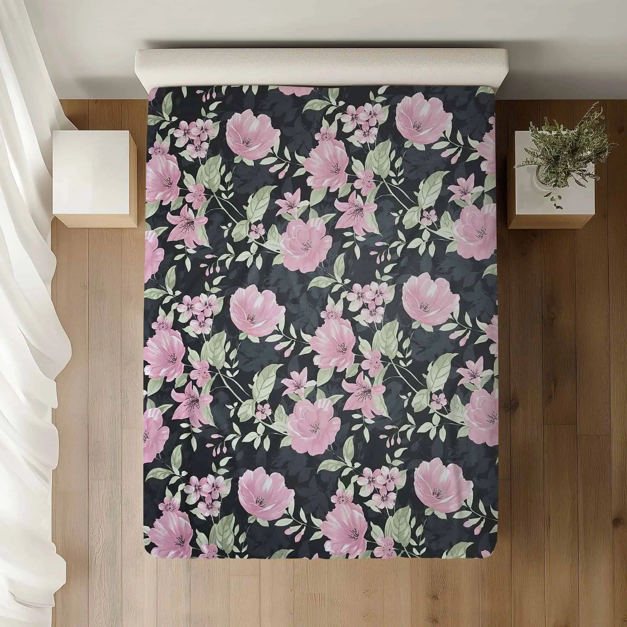 set lenjerie bumbac ranforce floral roz negru configurabil [2]