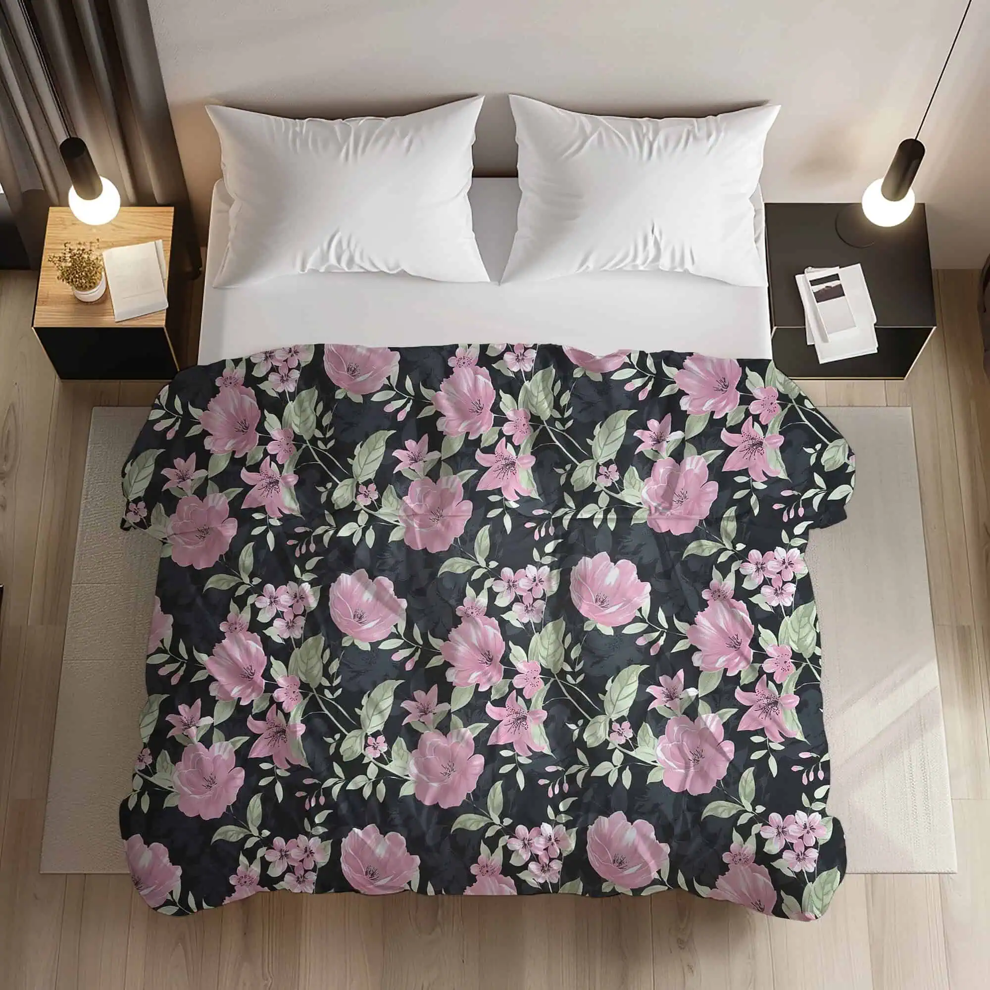 set lenjerie bumbac ranforce floral roz negru configurabil [1]