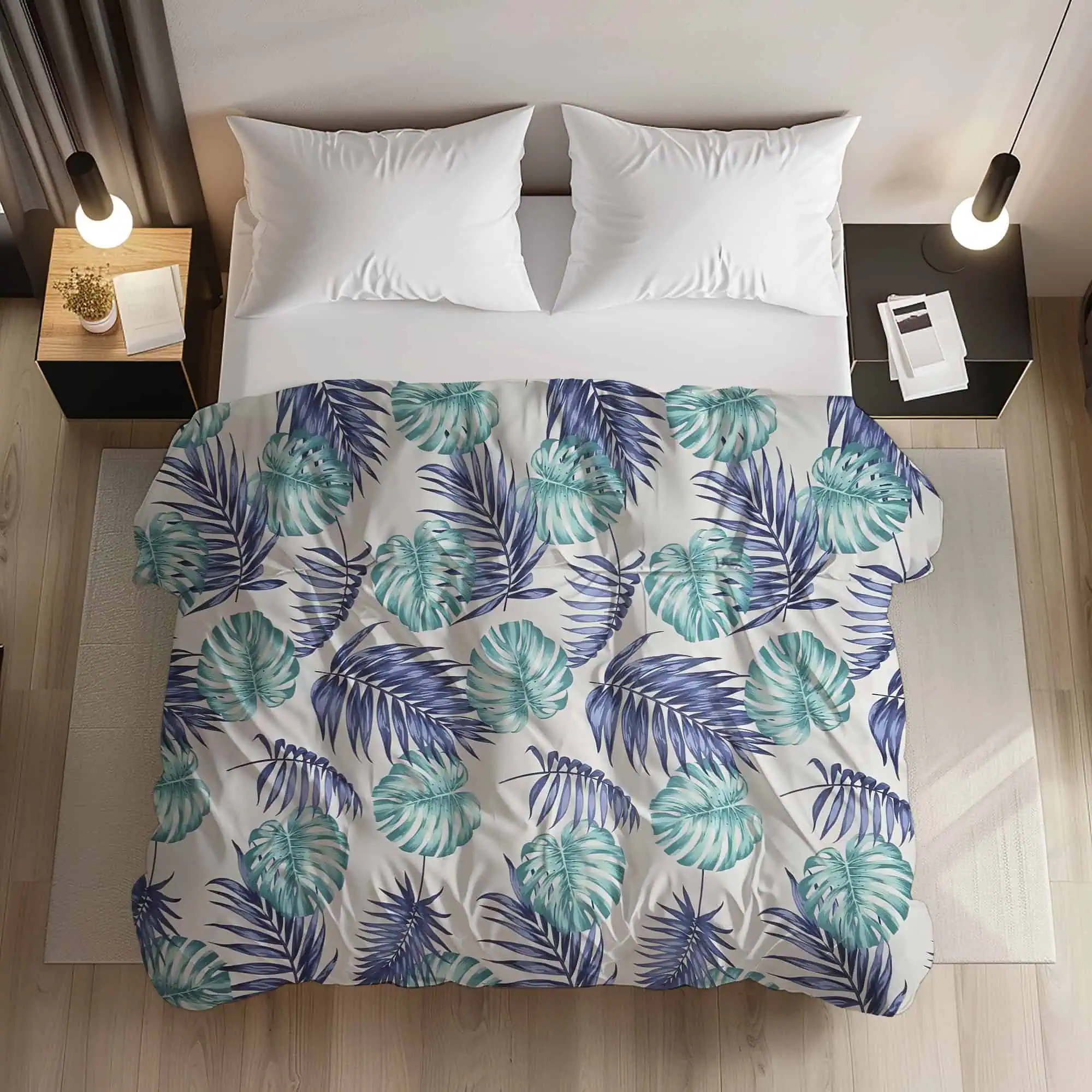 Set lenjerie din 100%bumbac ranforce model tropical albastru si verde [1]