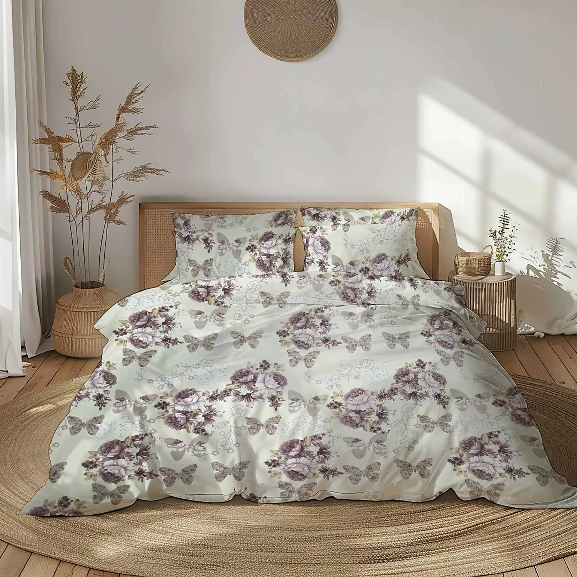 Bumbac Standard - Set lenjerie bumbac standard model floral cu fluturi configutrabila