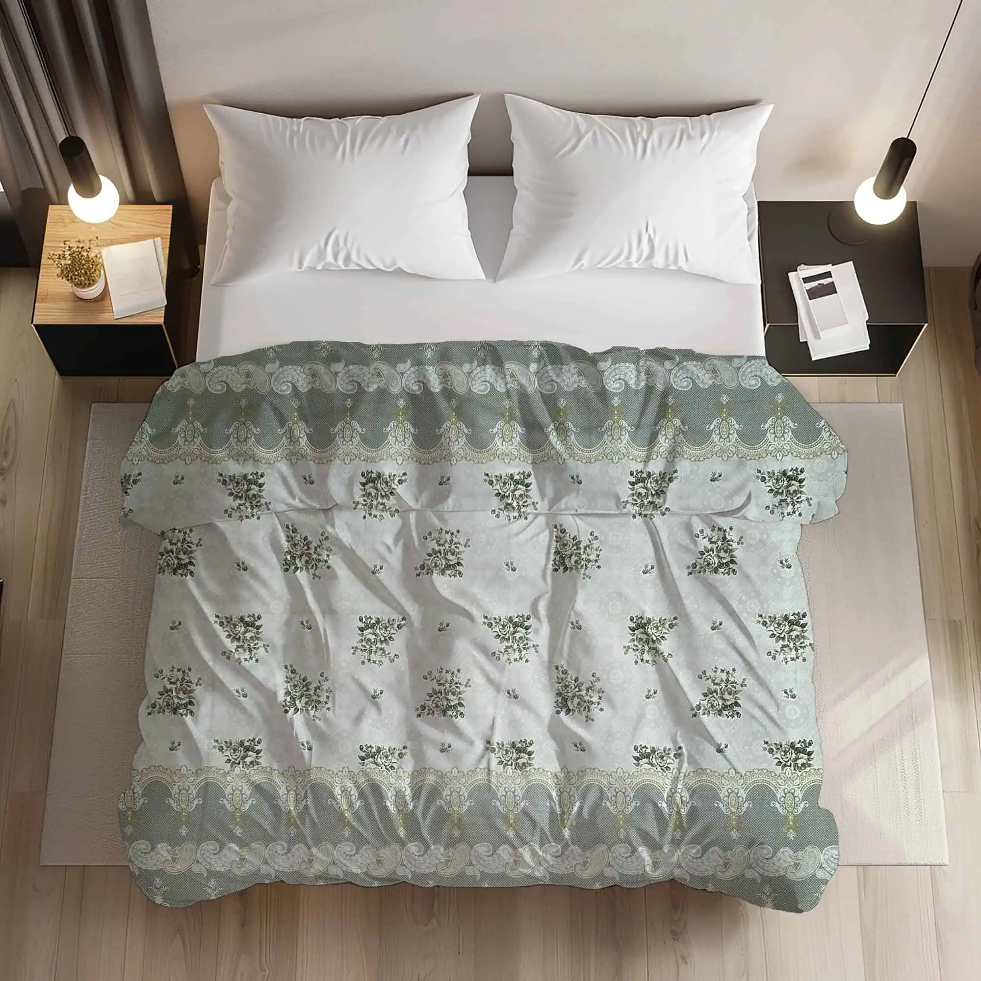 Set lenjerie bumbac standard model floral verde gri configurabila [1]