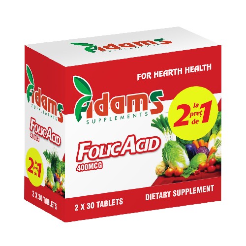 Piele, par si unghii - Pachet Acid Folic 400mcg 30tab Adams 1+1 GRATUIT