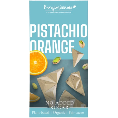 Ciocolata - Ciocolata alba cu Fistic si Portocale, fara zahar, Eco, 60g, Benjamissimo