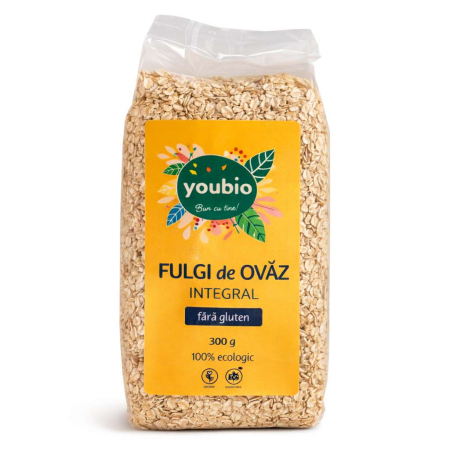Mancare sanatoasa - Fulgi de ovaz integrali, fara gluten, organic, 300g, youbio