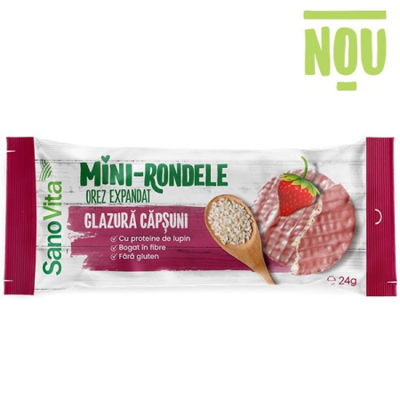 Cereale si leguminoase fara gluten - Mini Rondele de Orez cu Glazura de Capsuni, 24g, Sanovita