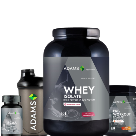 Suplimente fitness - Pachet Izolat zmeura + BCAA + PreWorkout + Shaker