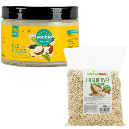Mancare sanatoasa - Pachet Ulei de Cocos organic 500ml, Youbio + Fulgi de ovaz 650gr
