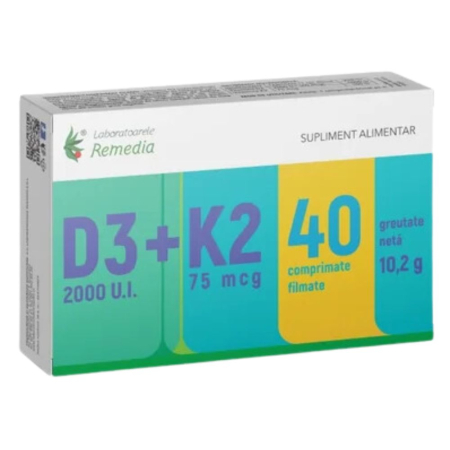 Vitamina D - Vitamina D3 2000 U.I + K2 75mcg, 40cps, Remedia