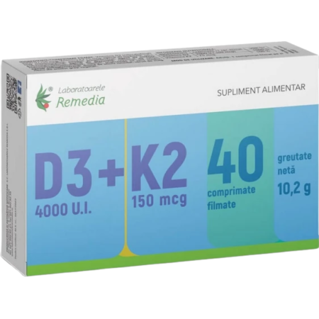 Suplimente alimentare - Vitamina D3 4000UI + Vitamina K2 150mcg 40cp Remedia