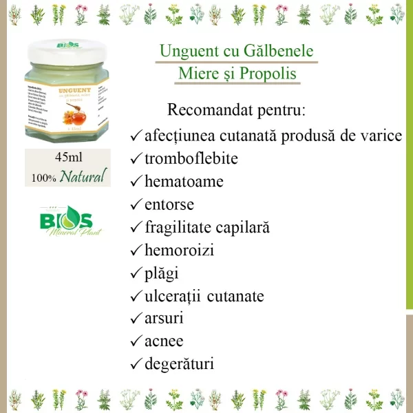 Unguent cu gălbenele, miere si propolis, 100% natural, 45ml, BIOS Mineral Plant [3]