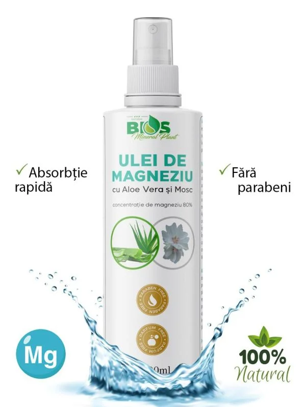 Ulei de magneziu & sare de baie - Ulei de Magneziu cu Aloe Vera si Mosc 200ml, BIOS Mineral Plant