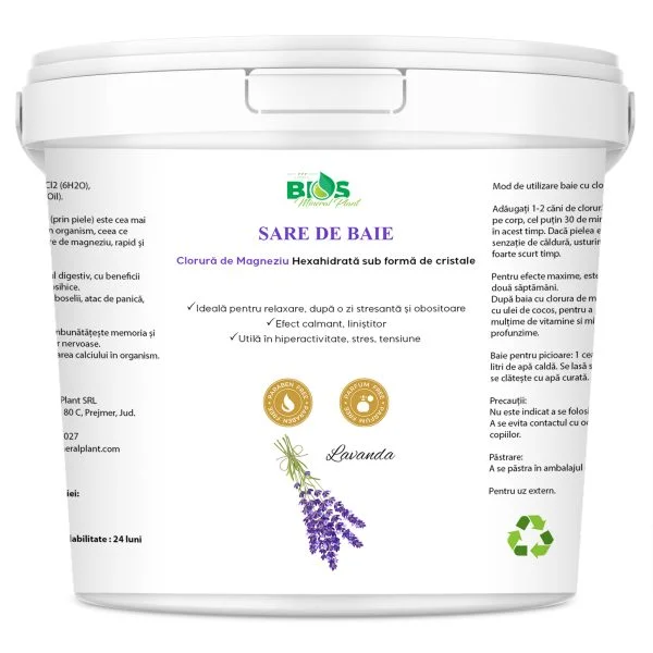 Ulei de magneziu & sare de baie - Sare de baie cu magneziu (Sare Nigari) si ulei esential de lavanda, 850g, BIOS Mineral Plant