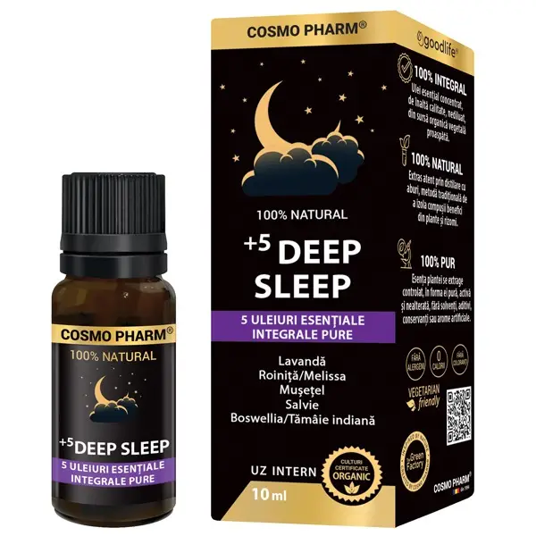 Calm și relaxare, somn odihnitor - +5 Deep Sleep, mix de 5 uleiuri esentiale integrale pure, 10ml, uz intern, 100% natural, Cosmopharm